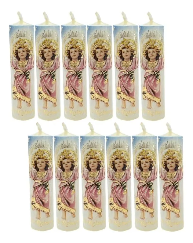 Paquete 12 Mini Cirios Divino Niño Decorativos Pascuas | Velas Artesanales para Celebraciones Religiosas y Decoración Festiva | Colores Vibrantes