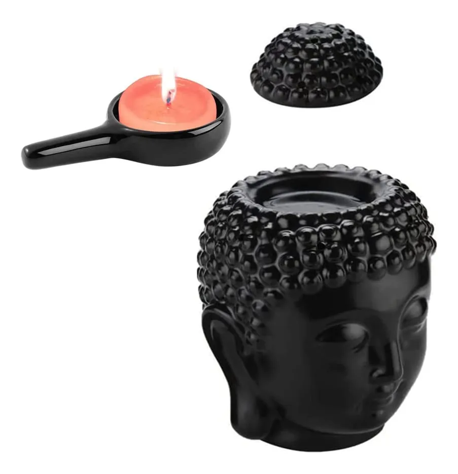 Quemador de Aceite Esencial Cabeza de Buda Cerámica Negro para Aromaterapia y Decoración Zen | Difusor Aromático Elegante Negro Mate