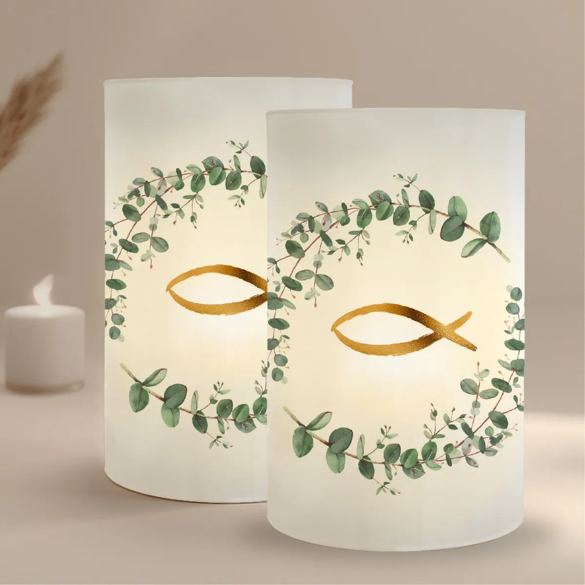 10 Portavelas Decoración Mesa Bautizo Eucalipto Verd Peces Bautismo | Centros de Mesa Comunión | Souvenirs Elegantes Regalo Invitados