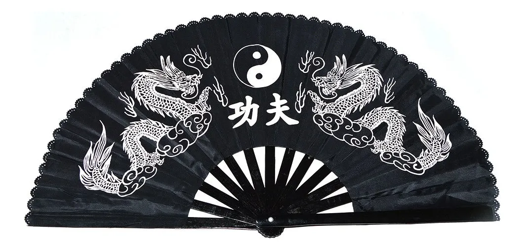 Abanico Chino Kung Fu Tai Chi Plegable Doble Dragón Phoenix Negro | Artes Marciales y Danza Tradicional | Accesorios de Desempeño
