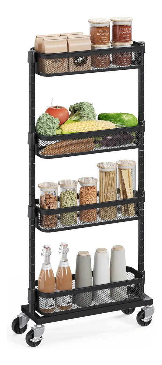 Carrito Deslizante Organizador 4 Niveles para Baño y Cocina | Ahorra Espacio con Diseño Negro Moderno | Solución Práctica y Elegante