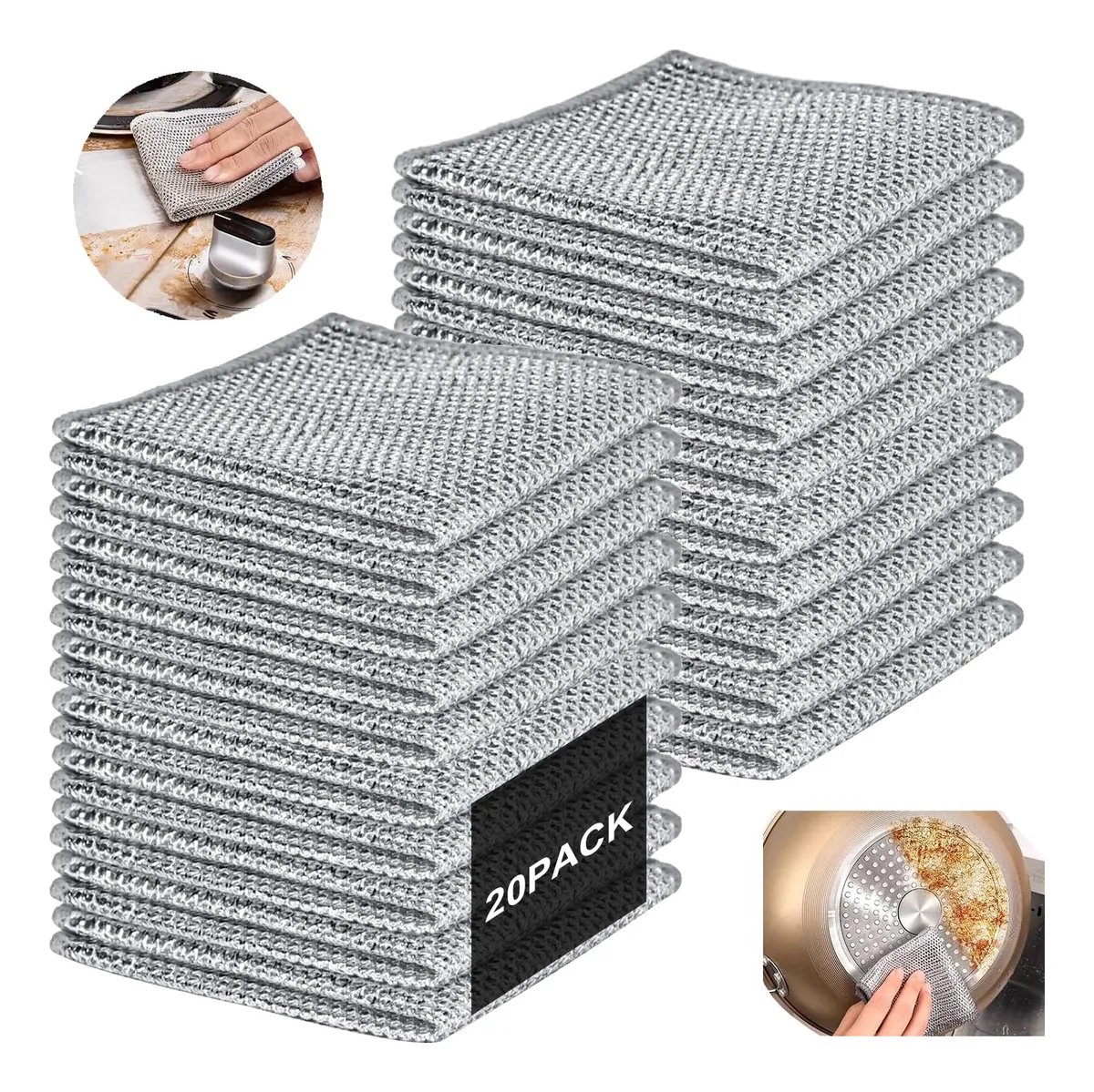 20 Trapos de Limpieza Multiusos Reutilizables con Alambre Plateado para Cocina y Baño | Secado Rápido y Duraderos
