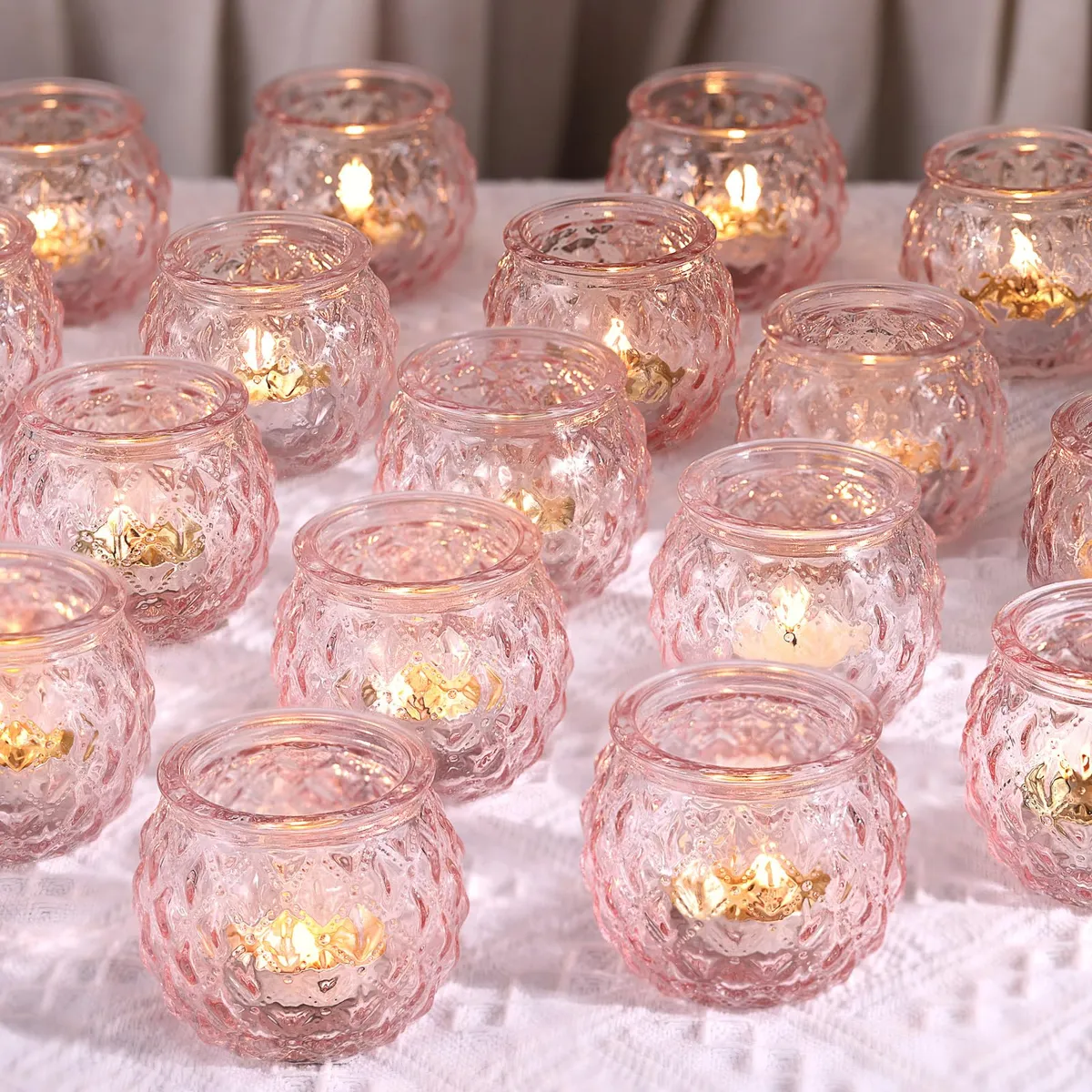 48 Portavelas Votivas Rosas para Decoración de Mesa y Hogar | Elegantes Portavelas para Ambiente Cálido y Festivo