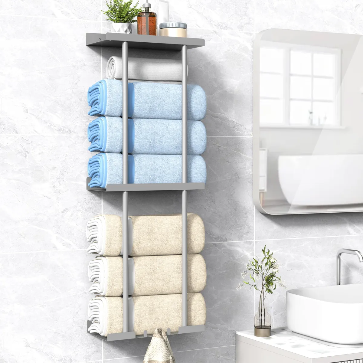 Toallero Vertical Organizador Baño Gris Plateado - Soporte Toallas ...