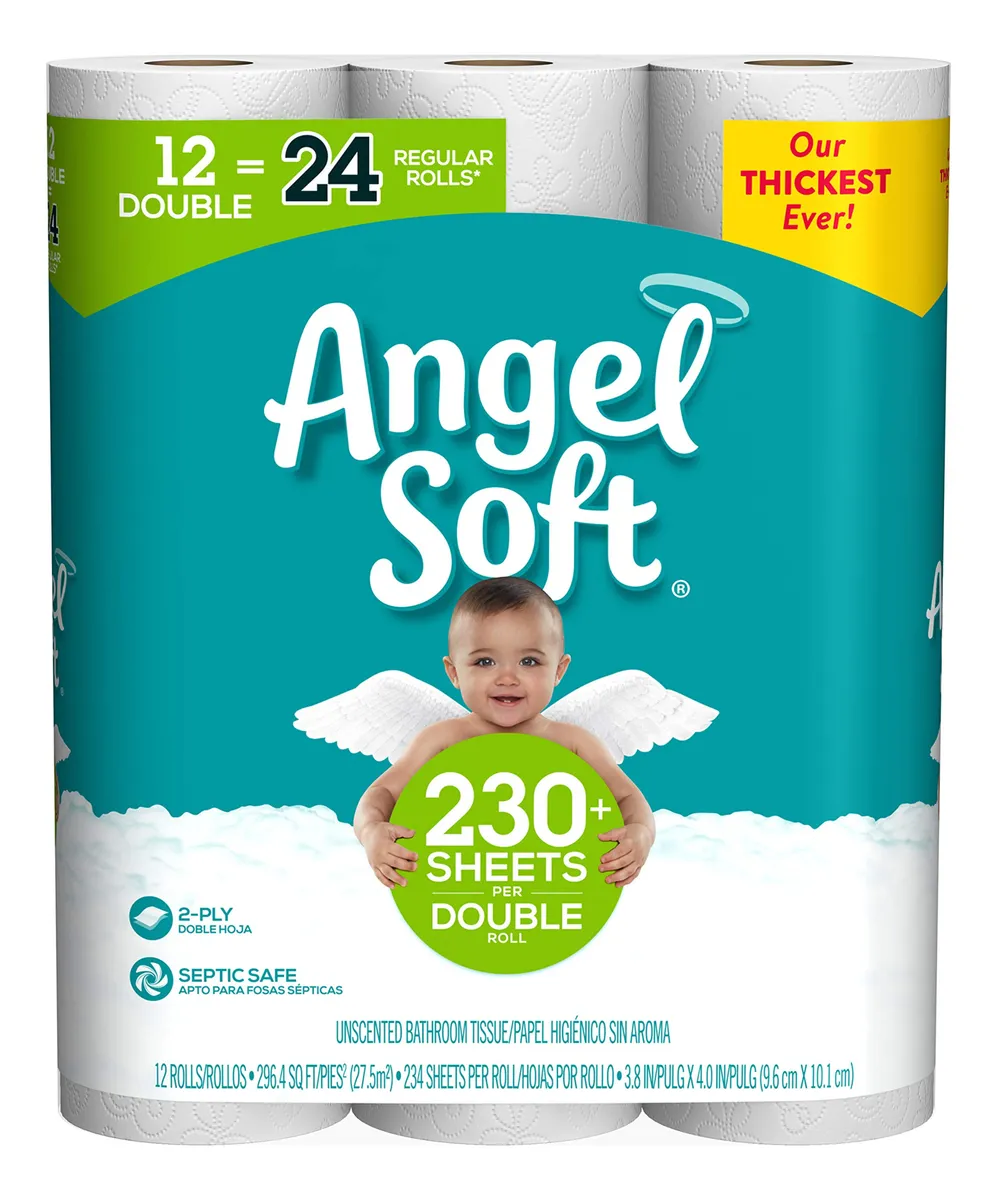 Angel Soft Papel Higiénico Doble Hoja Blanco 12 Rollos - Suave y Resistente para tu Hogar - Calidad Confiable - Absorción Óptima