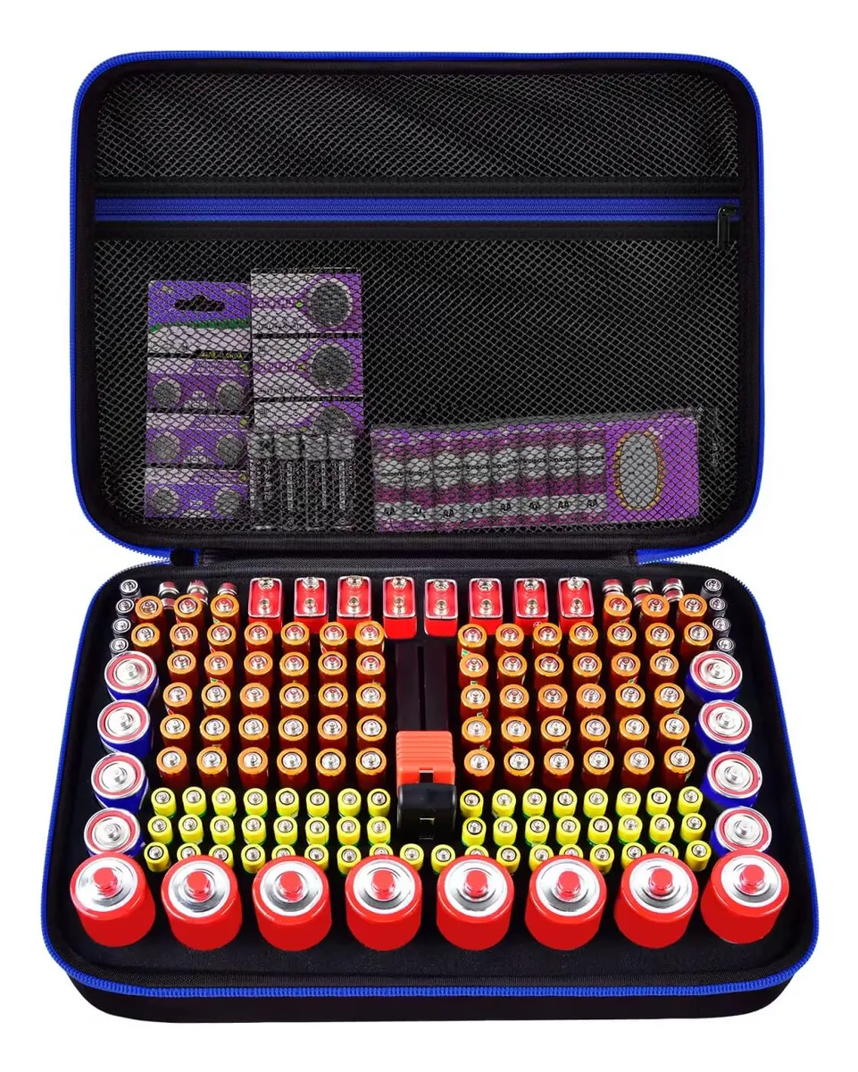 Caja Organizadora de Baterías con Probador Integrado - Almacenamiento Seguro y Control de Energía - Color Azul Profundo - Diseño Compacto y Duradero