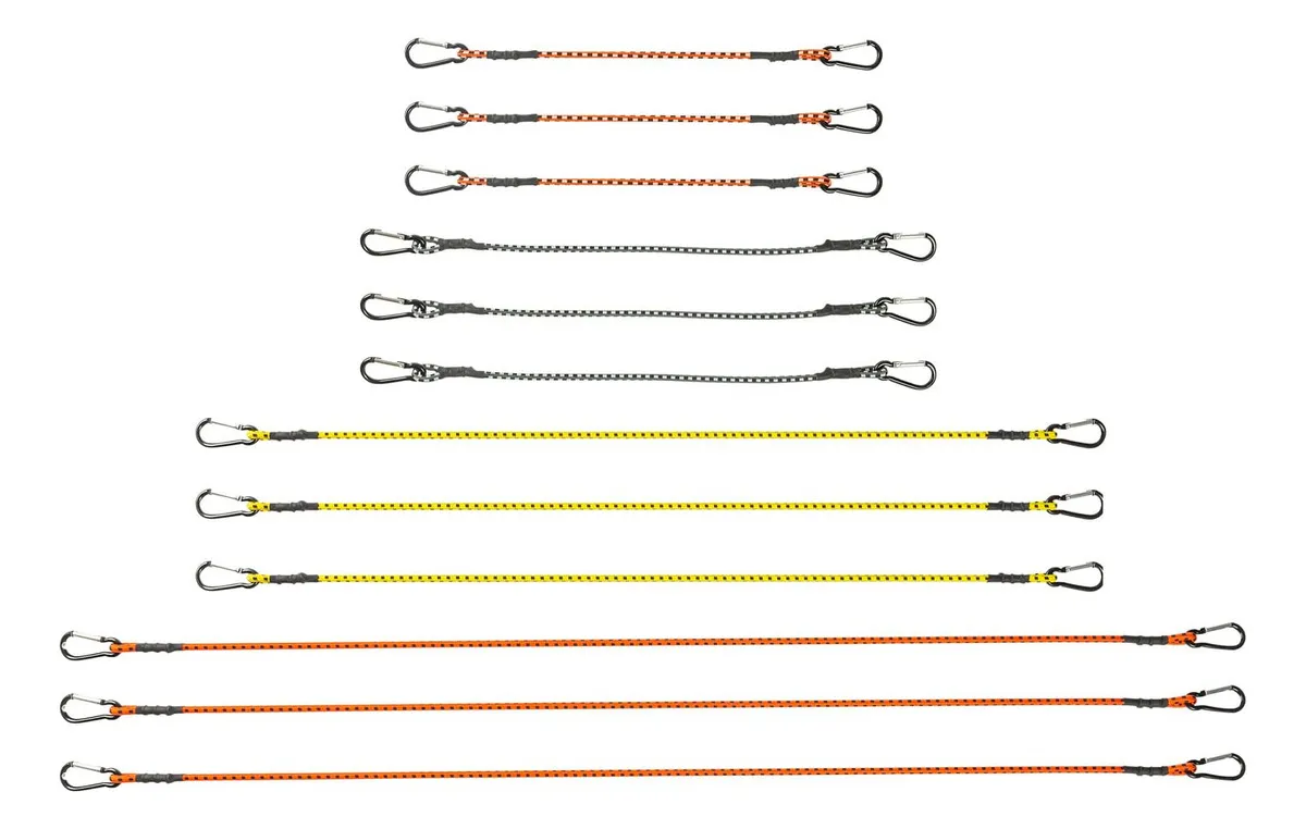 Cuerdas Elásticas con Mosquetón Pack 12 Colores Variados | Amarres Seguros y Versátiles para Carga y Equipaje | Accesorios Resistentes y Duraderos para Viajes y Hogar