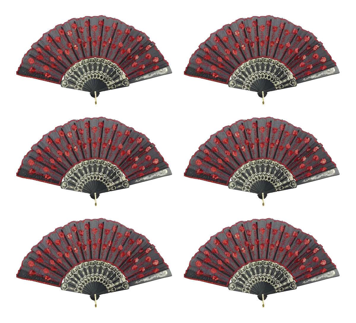 6 Abanicos de Mano Rojos Bordados con Flores y Pavo Real | Elegantes Accesorios para Bodas, Fiestas y Eventos | Artesanía Tradicional