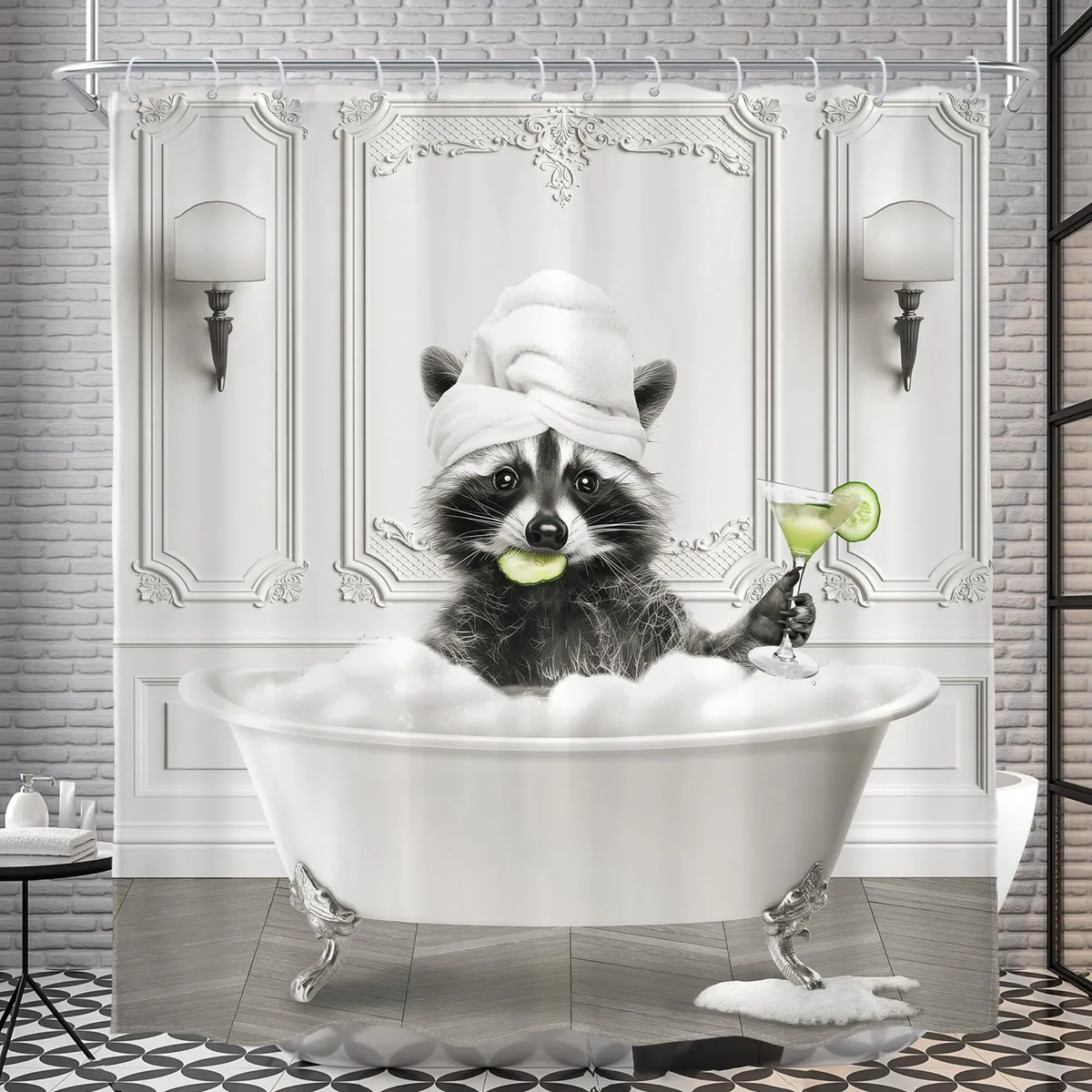 Cortina de Ducha Divertida con Diseño de Mapache Negro y Blanco A6 - Decora tu Baño con Estilo Único y Moderno