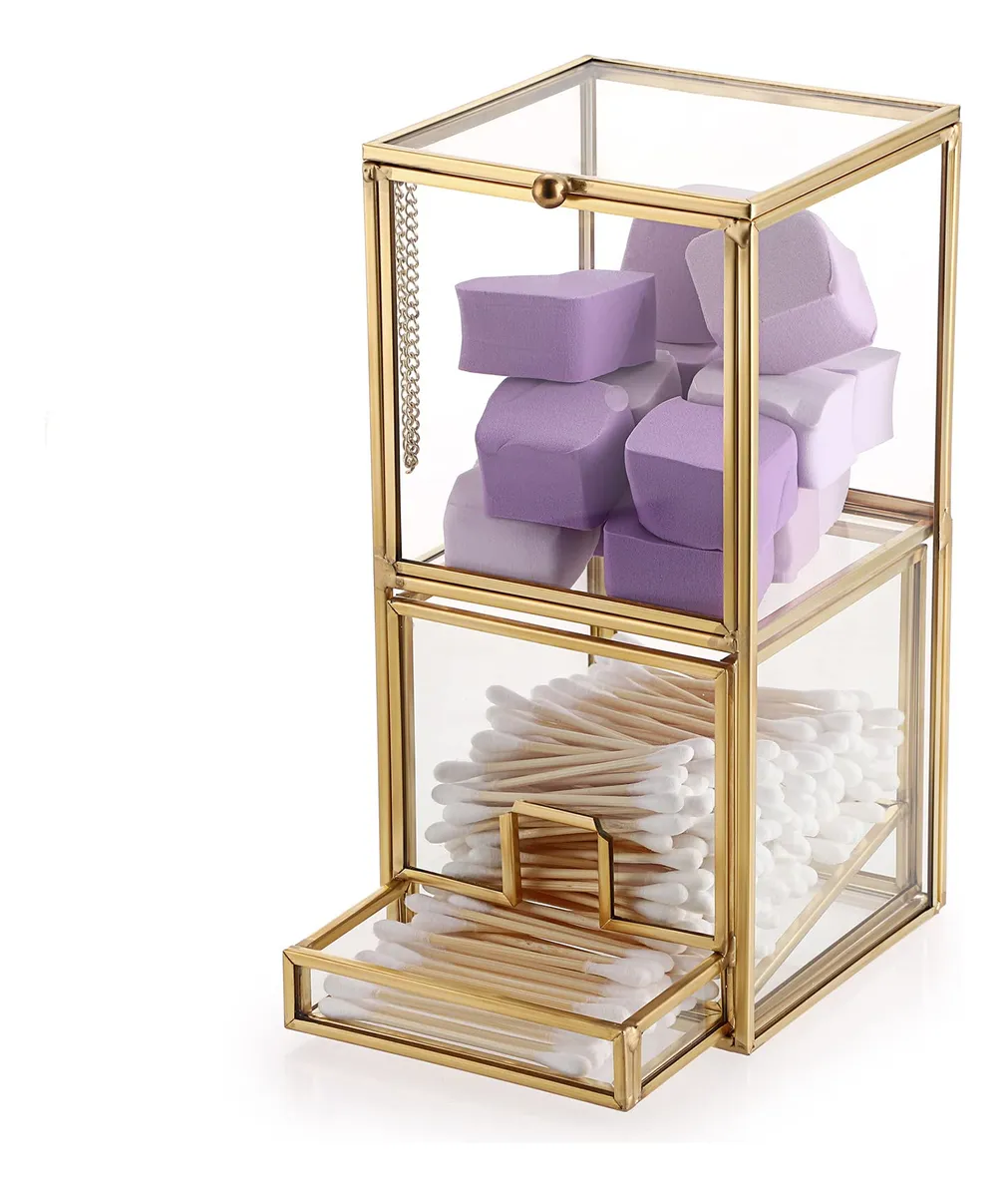 Organizador de Maquillaje Profesional con Soporte de Vidrio Dorado y Tapa - Diseño Elegante para Cosméticos y Accesorios