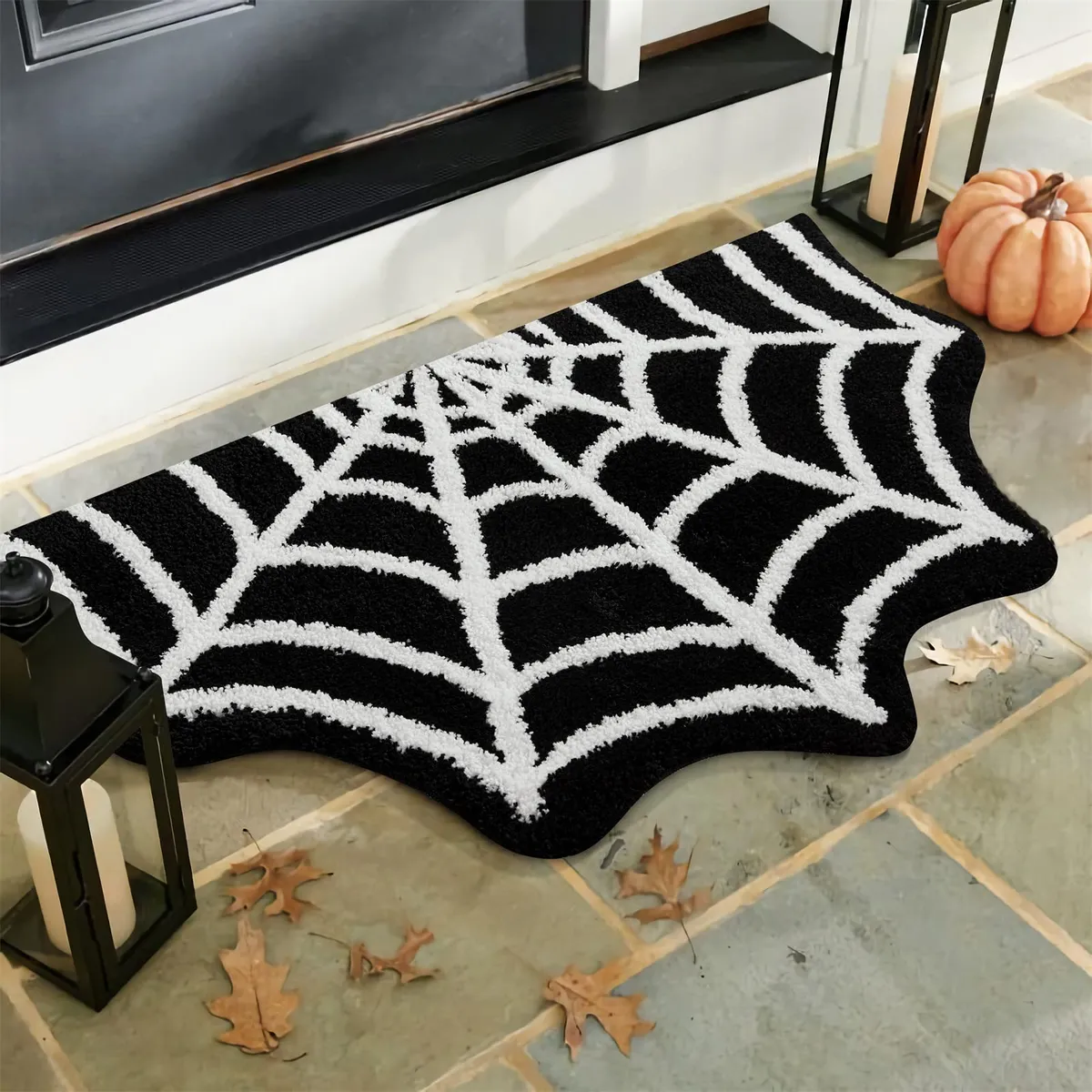 Alfombra Gótica Tela de Araña Halloween Antideslizante Negro y Blanco - Decoración Temática Perfecta para Fiestas y Hogar