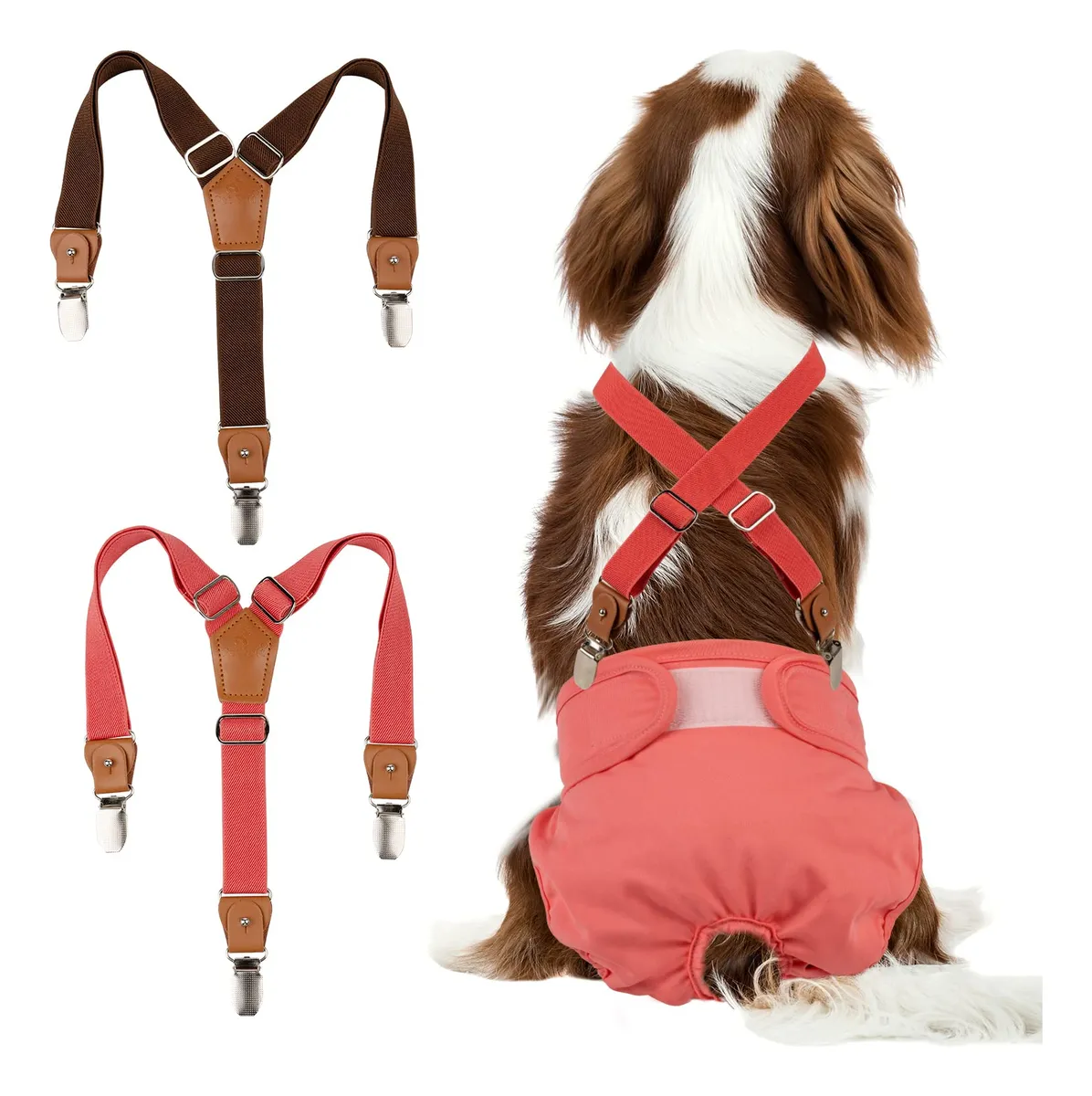 Conjunto de 2 Piezas Tirantes para Pañal y Vestido para Perro - Diseño Marrón y Rojo Elegante - Tallas Variadas para Mascotas