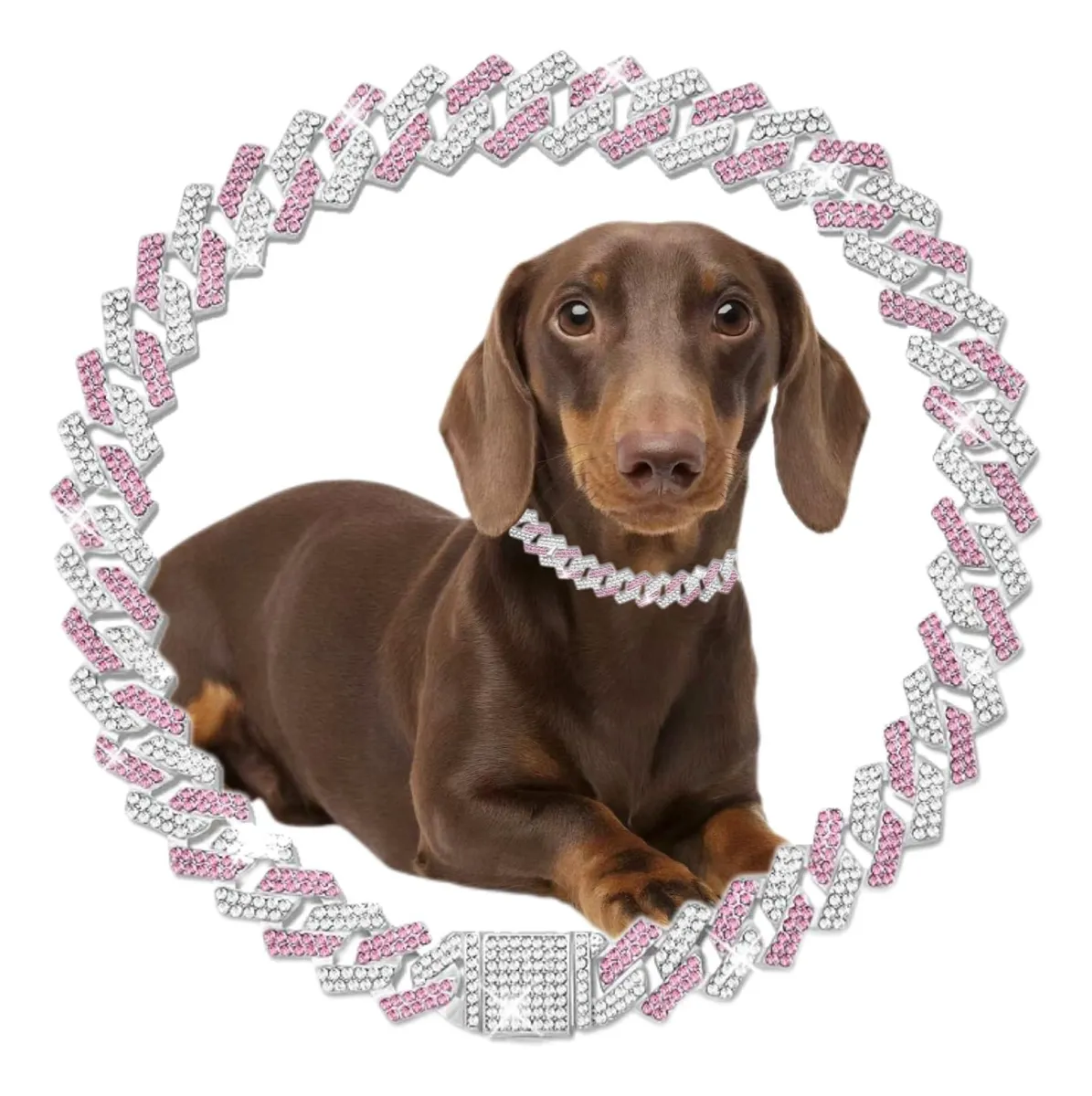 Collar Cadena Rosa Diamante Eslabones para Perro - Diseño Elegante y Personalizable con Nombre - Accesorio de Moda Canina de Alta Calidad