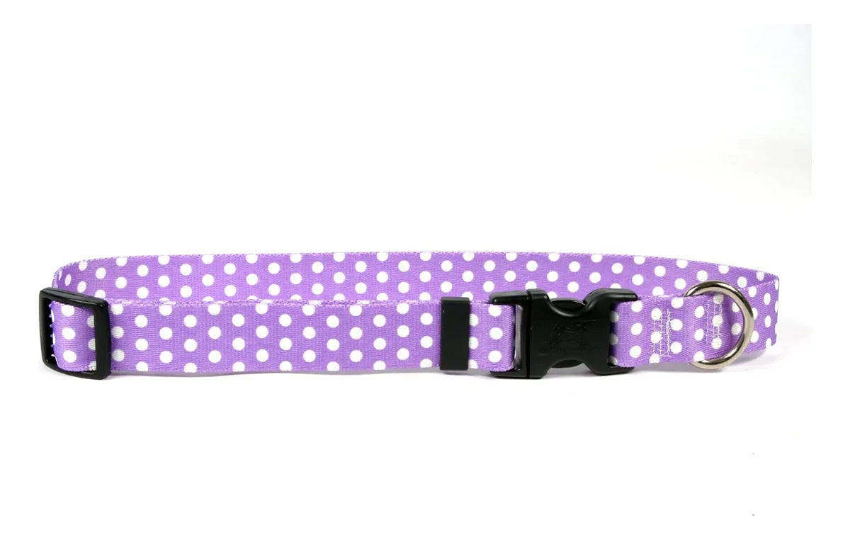 Collar para Perro con Fácil Fijación - Diseño Exclusivo Lunares Amarillos y Morados - Nombre del Diseño Incluido - Ajustable - Ideal para Mascotas