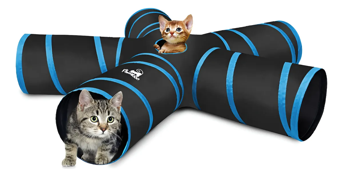 Túnel Extensible y Plegable para Gatos Negro y Azul Claro - Divertido Juego 5 Vías - Espacio de Entretenimiento y Ejercicio para Mascotas Felinas - Duradero y Fácil de Guardar