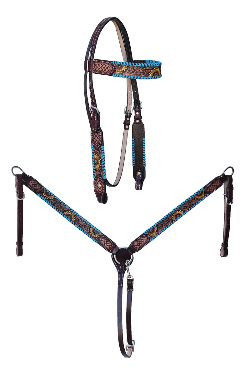 Brida y Collar Floral en Cuero Turquesa para Caballo | Girasol Diseño Exclusivo | Personalizable con Nombre y Tamaño