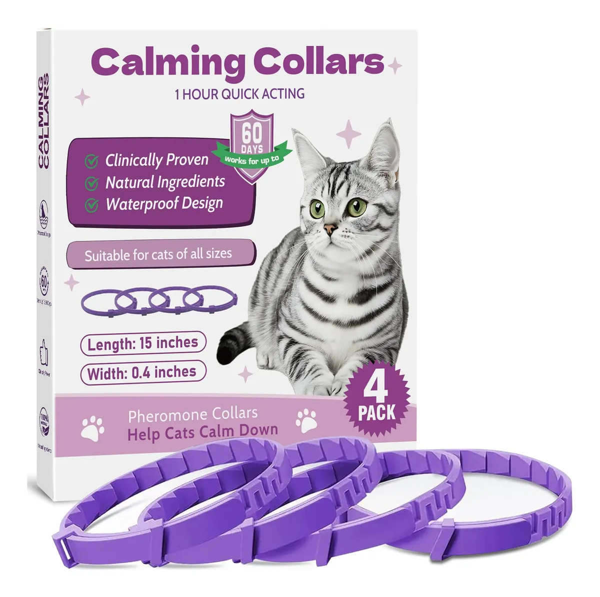 Collar Calmante para Gatos: Alivio Efectivo de Ansiedad y Estrés, Ajustable, Paquete de 4 Unidades, Color Morado, Ideal para Gatos
