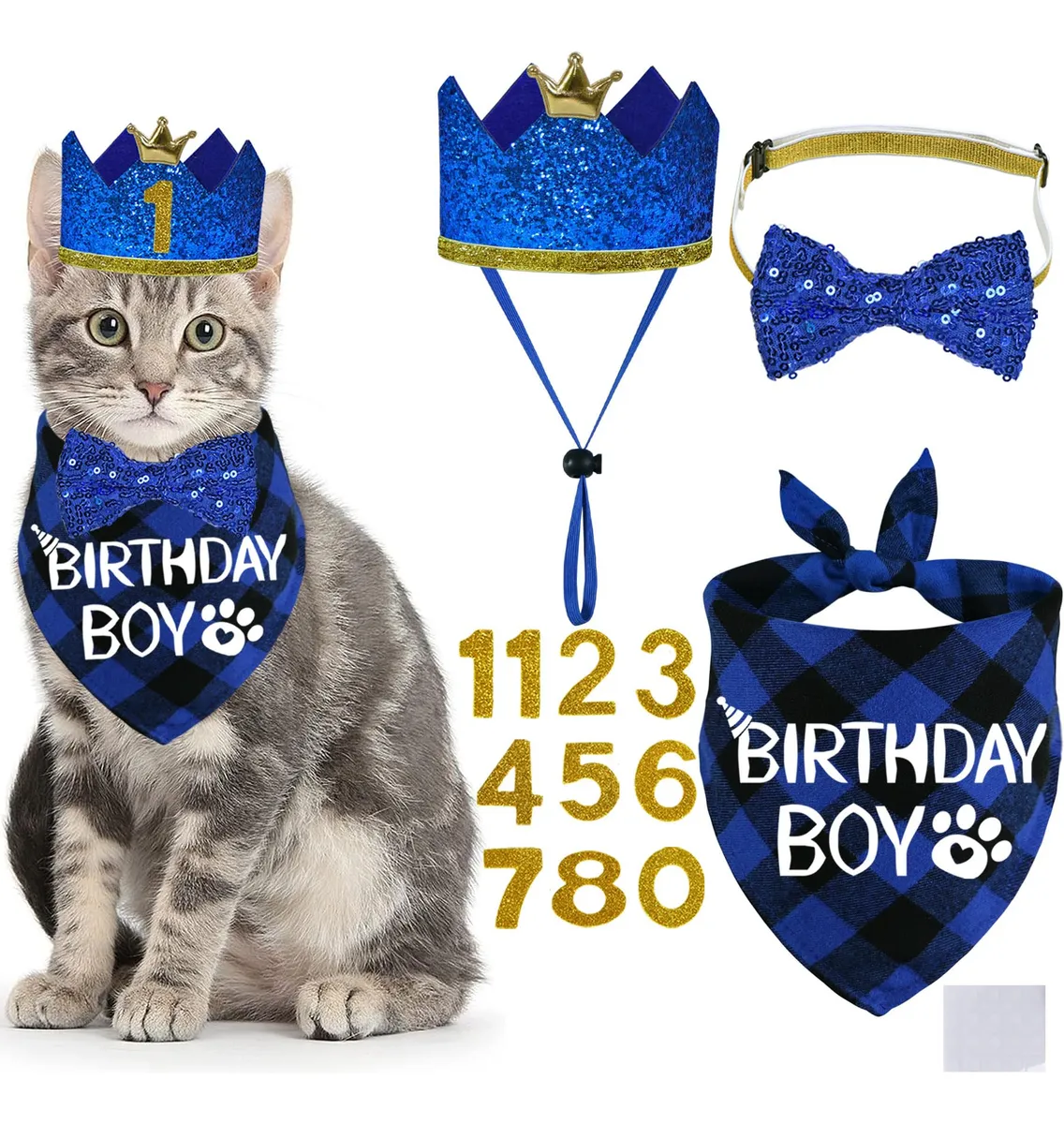 Pajarita y Gorro de Cumpleaños para Gatos con Números - Set Festivo para Celebraciones Felinas, Accesorios Divertidos y Personalizados para Mascotas
