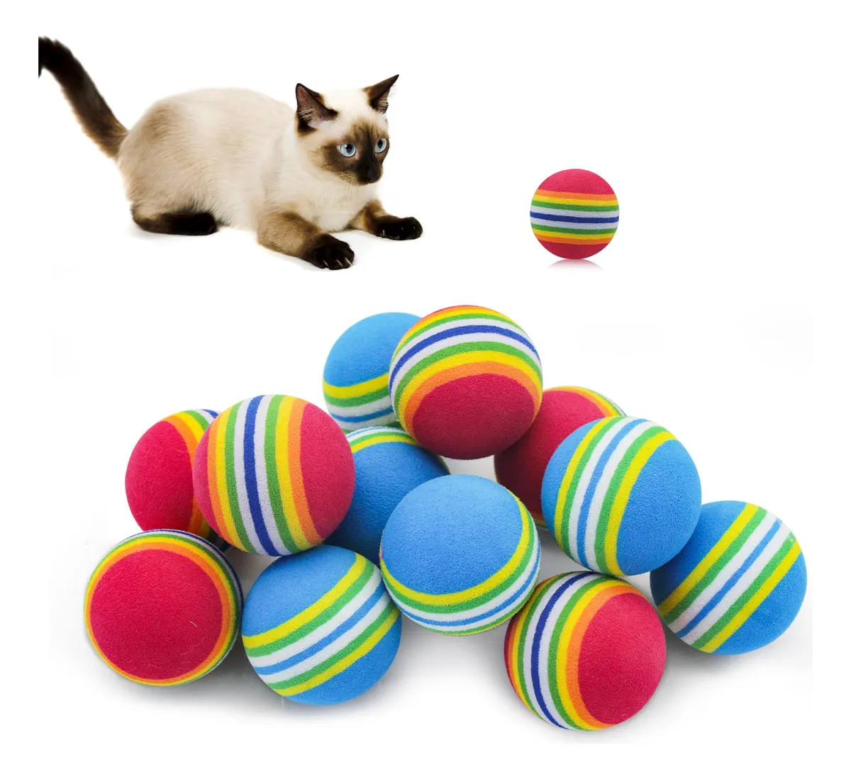 12 Bolas de Juguete para Gatos de Espuma Coloridas Arco Iris Rojo y Azul - Diversión Interactiva y Segura para tu Mascota