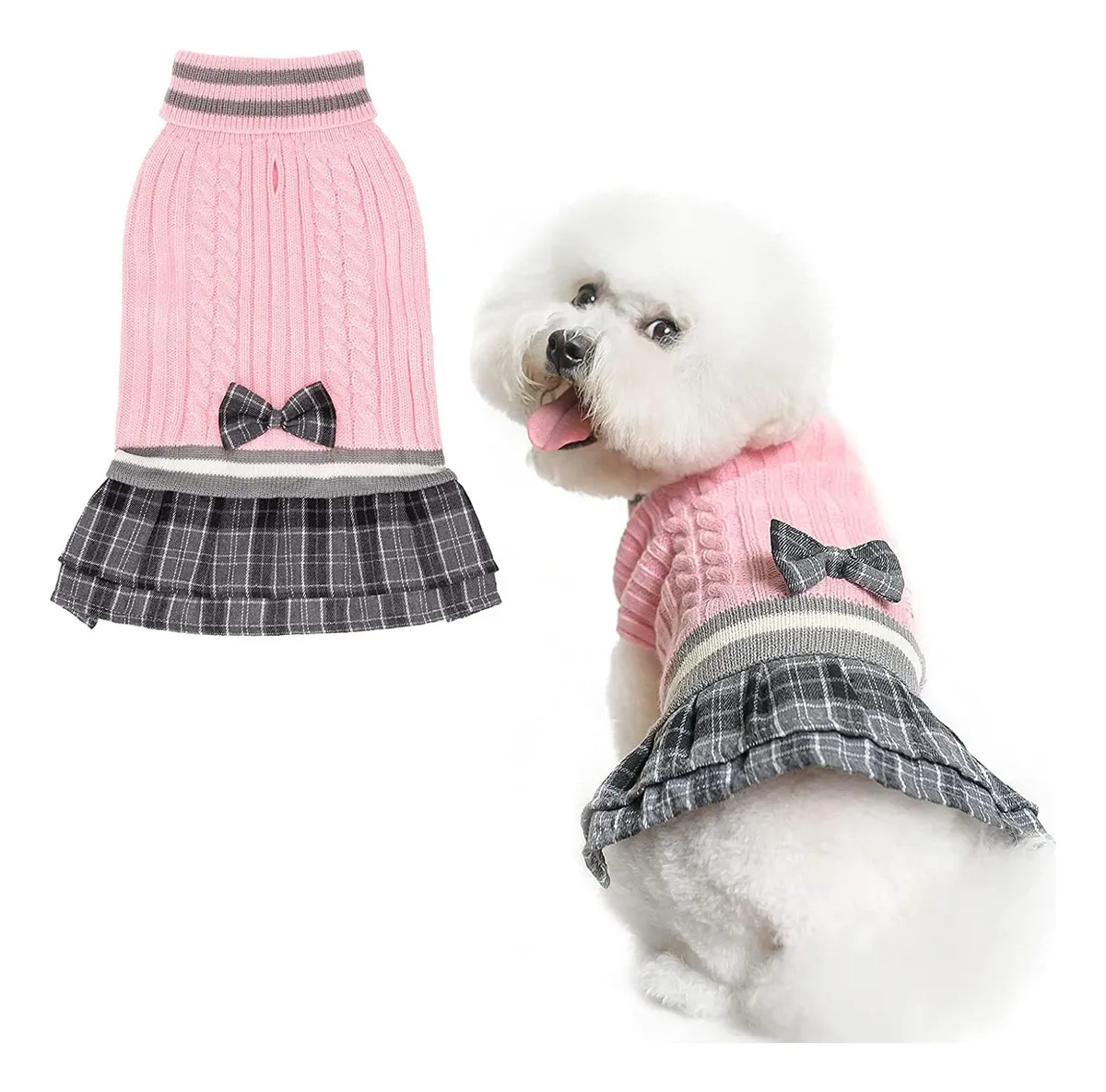 Vestido de Punto para Perro con Lazo, Cuello Alto, Ideal Clima Frío - Diseño Rebel Fun Rosa, Suave y Cálido para Mascotas