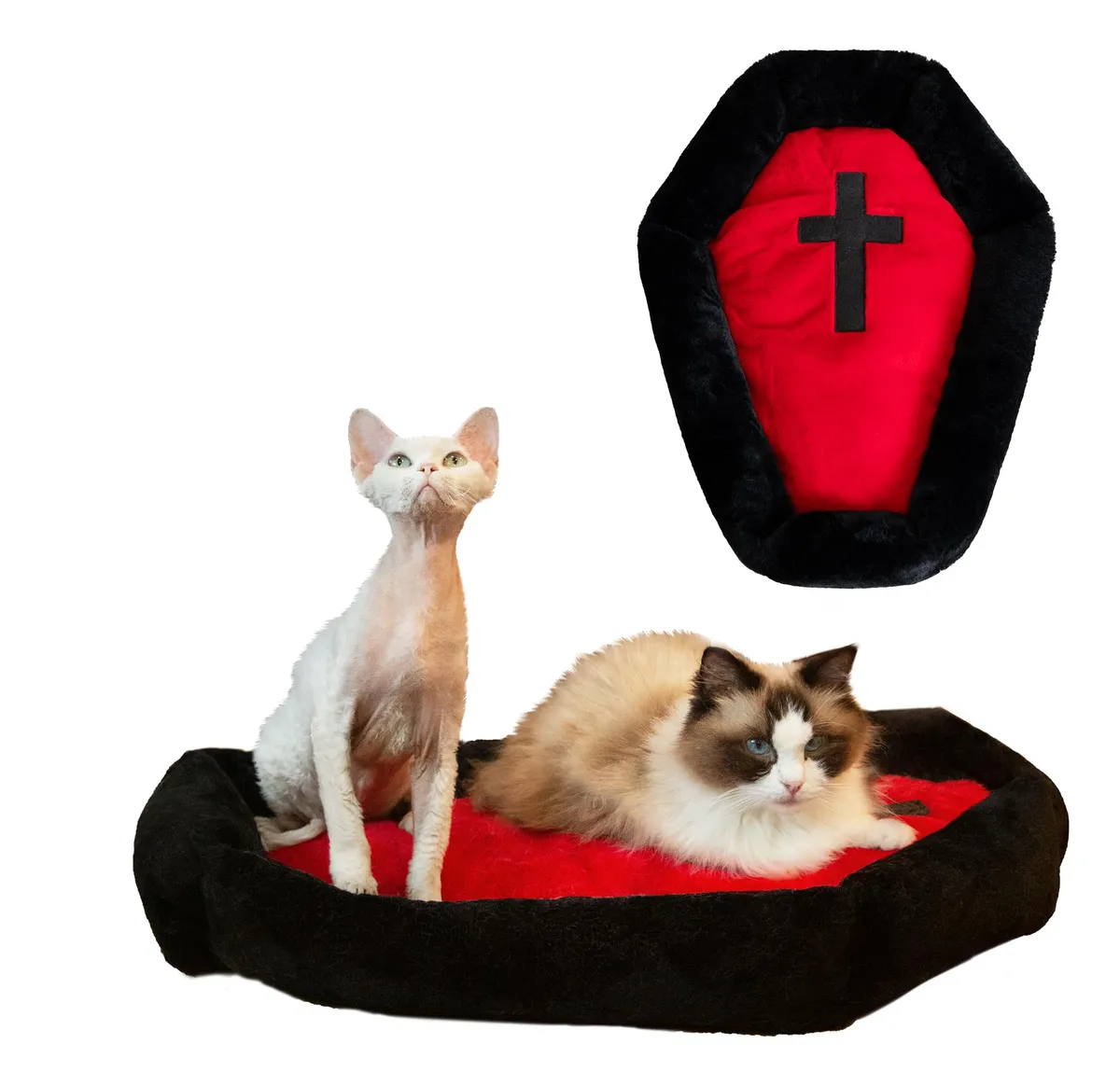 Cama Gótica Para Gatos Tipo Ataúd - Diseño Exclusivo Halloween Negro y Rojo, Lavable para Mascotas - Máximo Confort y Estilo Oscuro para tu Felino