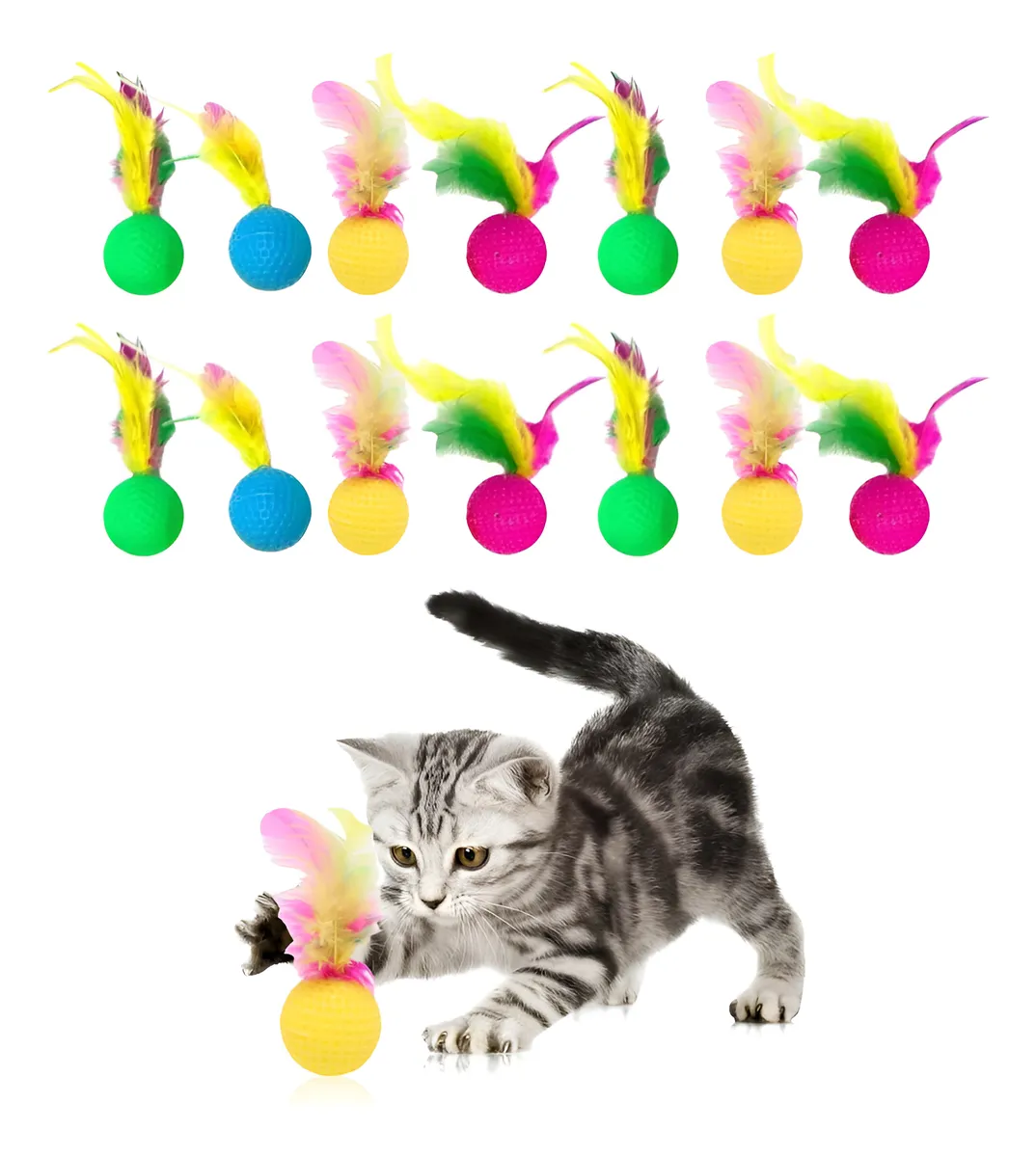 12 Bolas Juguete para Gatos con Pluma Carbón - Divertidas y Resistentes para Estimular el Juego y la Caza - Set de Bolas Interactivas de Colores Variados para Mascotas