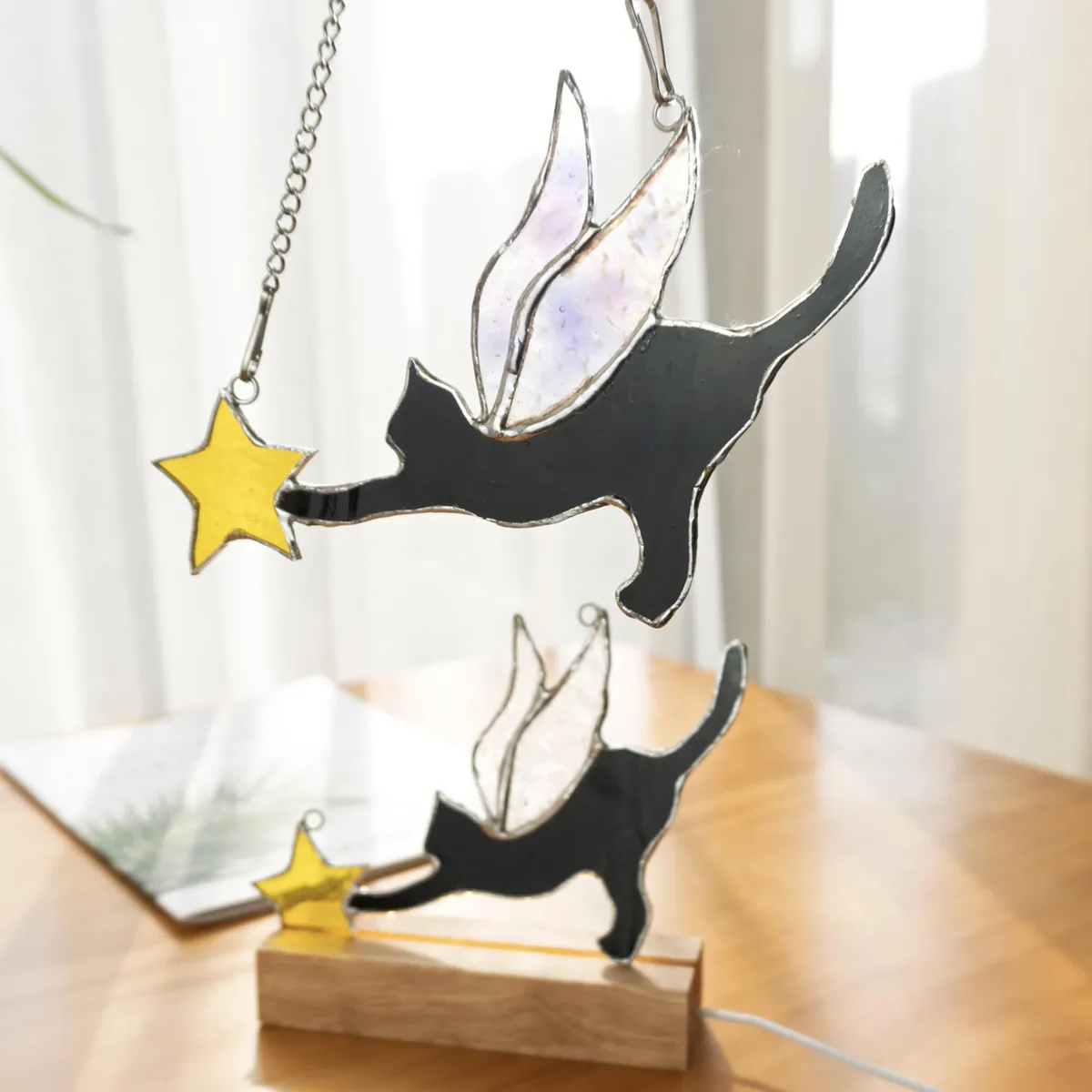 Ala de Gato Atrapasoles Decoración Colgante para Pared - Ángel Negro - Adorno Único para Hogar y Jardín