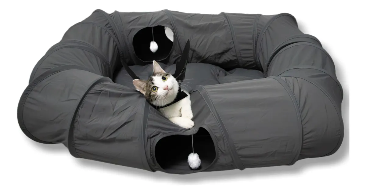 Cama Túnel para Gatos 4 Vías Diseño Cueva Donut Plegable Múltiple Uso Interior Gris Oscuro Confortable y Segura para Gatos Pequeños y Medianos