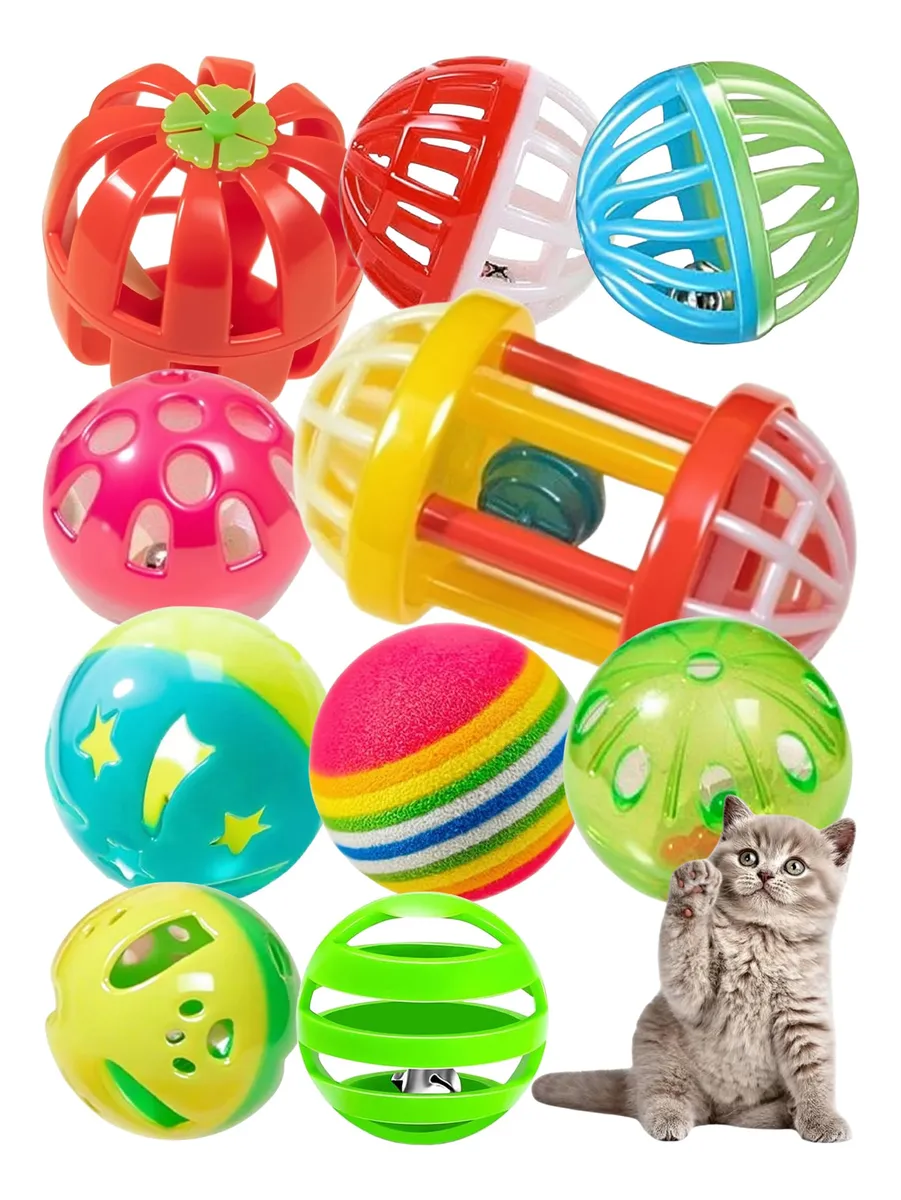 10 Bolas Juguetes para Gatos: Estimulación Divertida para Razas Pequeñas y Medianas | Colores Vibrantes Rojo, Naranja, Amarillo, Verde, Azul, Morado | Material Seguro y Duradero para el Juego Constante