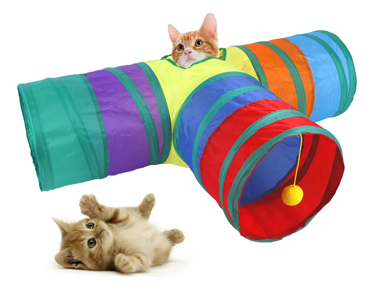 Túnel Interactivo para Gatos Arcoíris 3 Vías con Bola Divertida - Juguete Plegable para Diversión y Ejercicio Felino - Ideal para Entrenamiento y Exploración