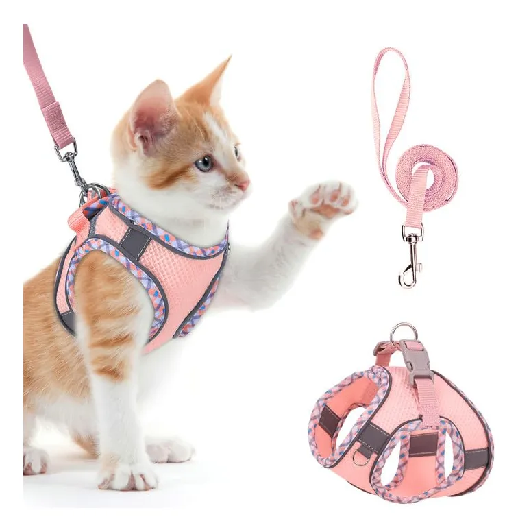 Arnés Suave Para Gatos con Correa Incluida - Rayas Reflectantes Rosa - Máxima Seguridad y Comodidad para Paseos al Aire Libre - Ajustable y Transpirable