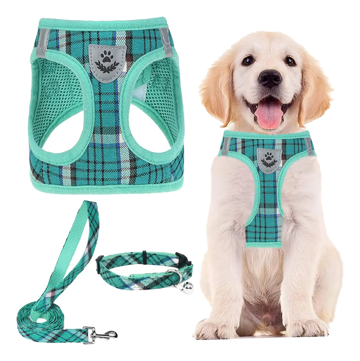Arnés Ajustable Para Perros y Gatos Reflectante 'Lago Verde' con Correa Incluida - Ideal para Paseos Seguros y Visibilidad Nocturna - Diseño Cómodo y Personalizable con Nombre