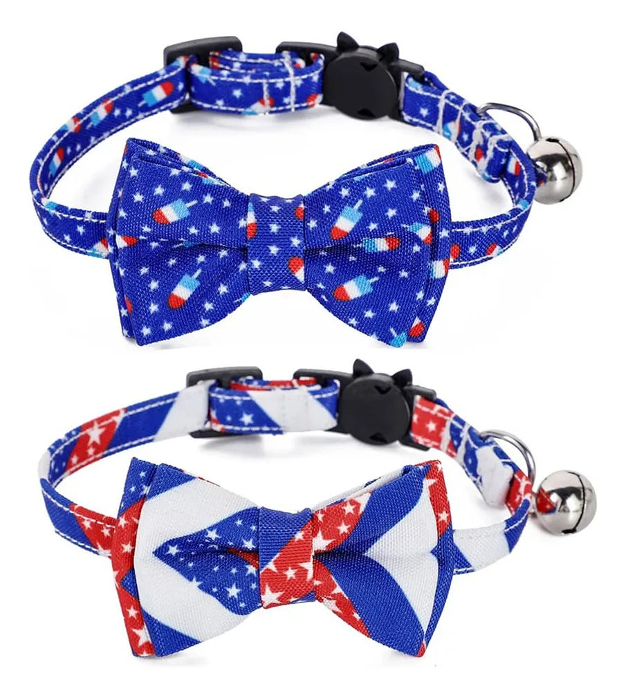 Paquete 2 Collares para Gatos con Pajarita y Campana, Diseño Día de la Independencia, Ajustable para Mascotas