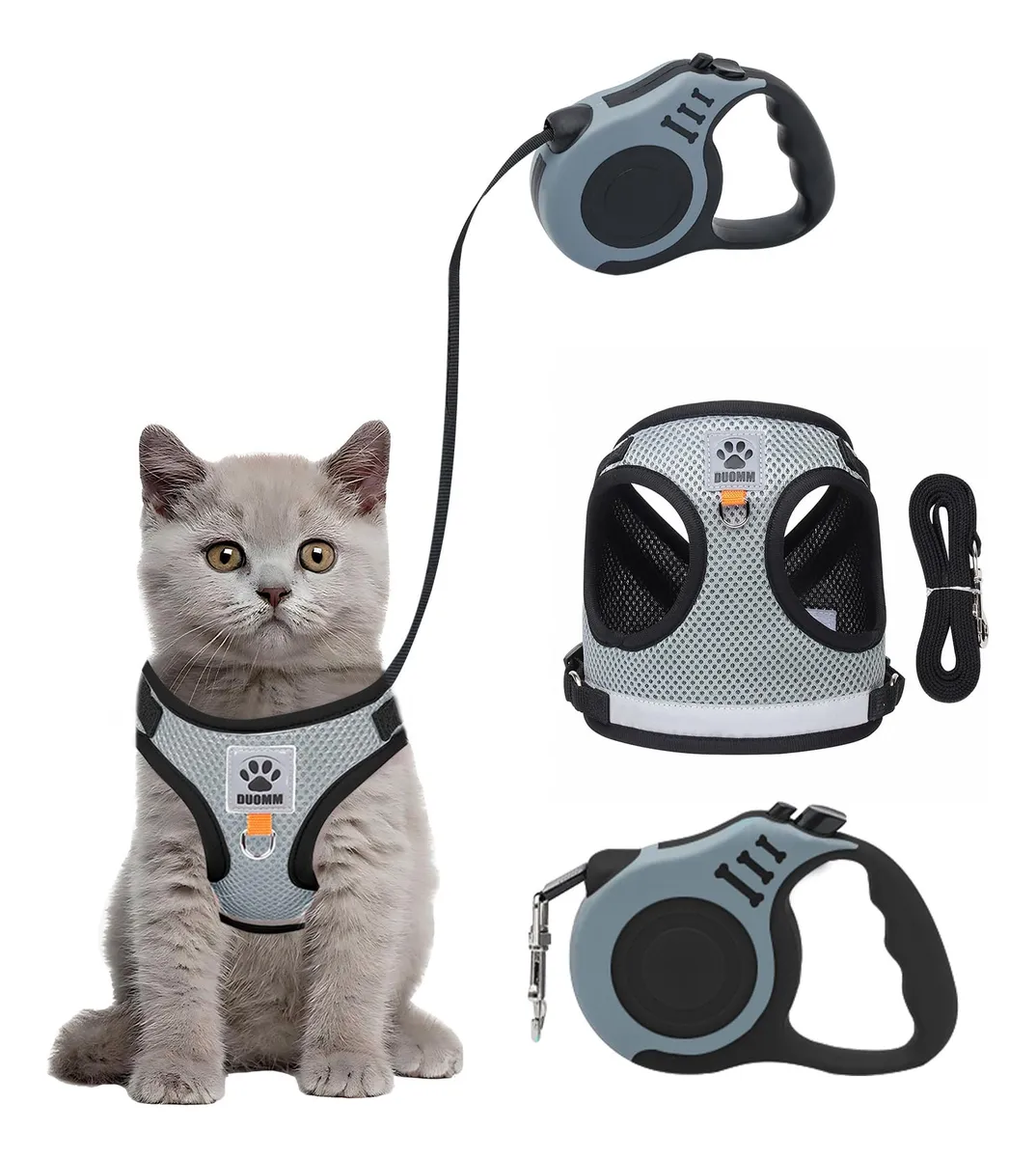 Arnés Ajustable para Gatos con Correa y Vajilla Gris - Diseño Confortable y Seguro para Paseos y Comida - Talla Collar Regulable