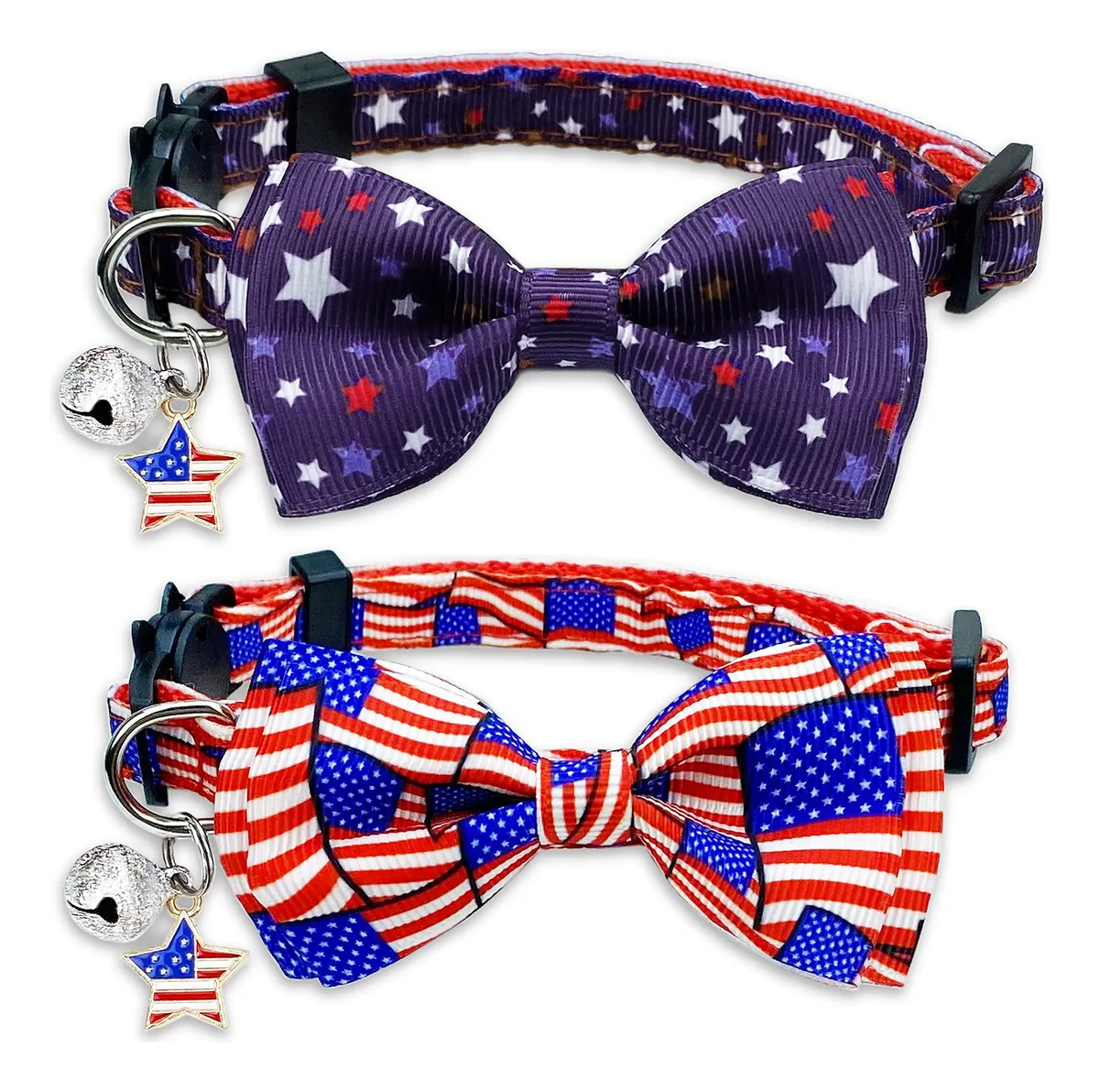 Corbata de Gato Patriótica para el 4 de Julio con Campana - Estilo USA, Nombre del Diseño, Collar Ajustable para Mascotas - Celebración Festiva Americana