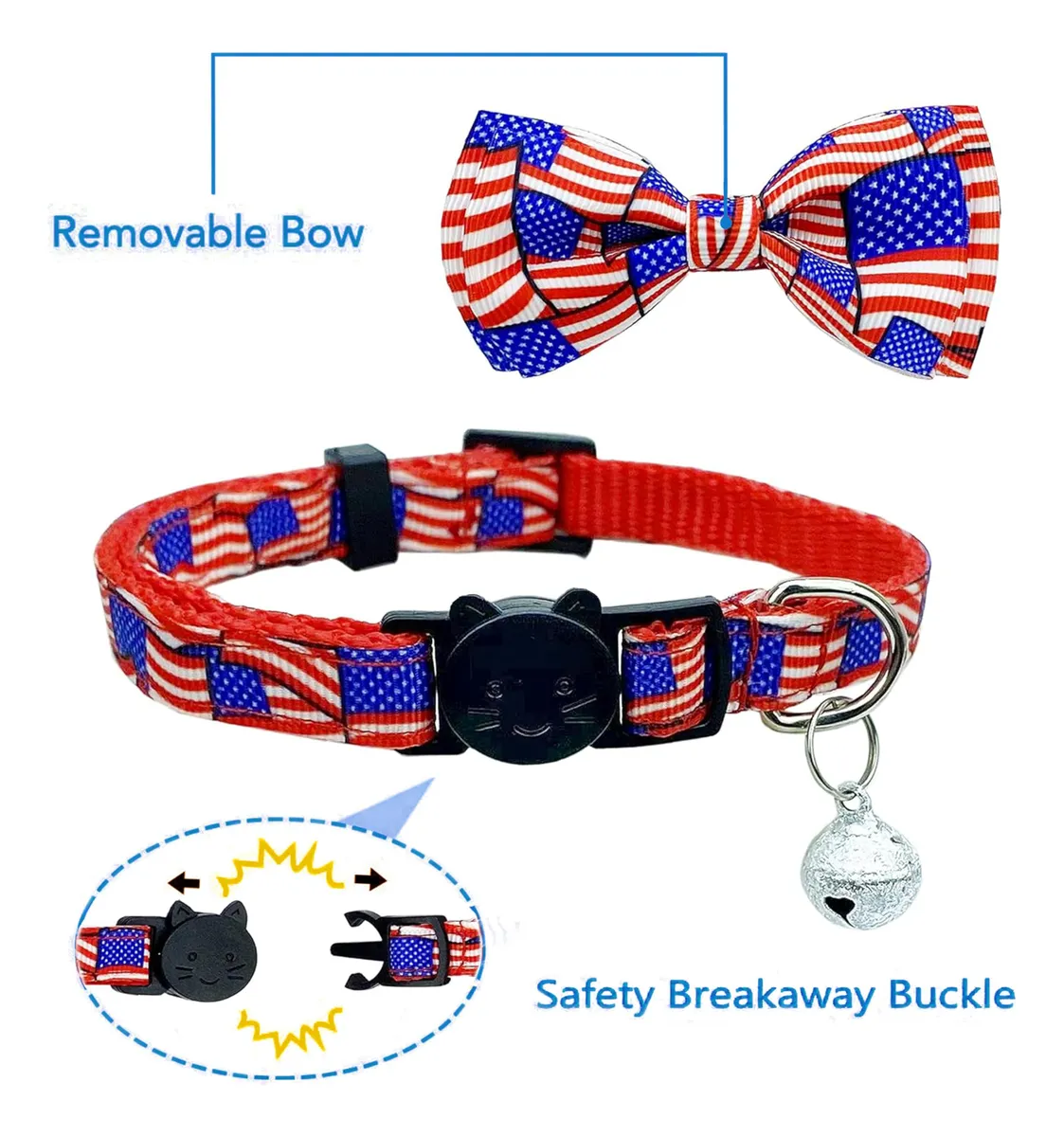 Corbata de Gato Patriótica para el 4 de Julio con Campana - Estilo USA, Nombre del Diseño, Collar Ajustable para Mascotas - Celebración Festiva Americana - Imagen 2