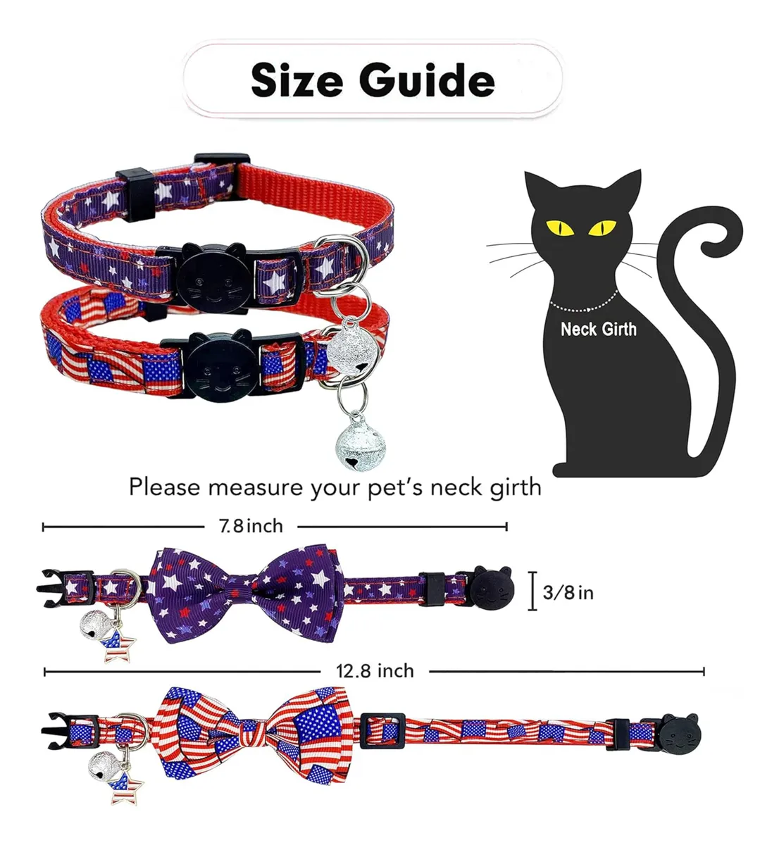 Corbata de Gato Patriótica para el 4 de Julio con Campana - Estilo USA, Nombre del Diseño, Collar Ajustable para Mascotas - Celebración Festiva Americana - Imagen 3