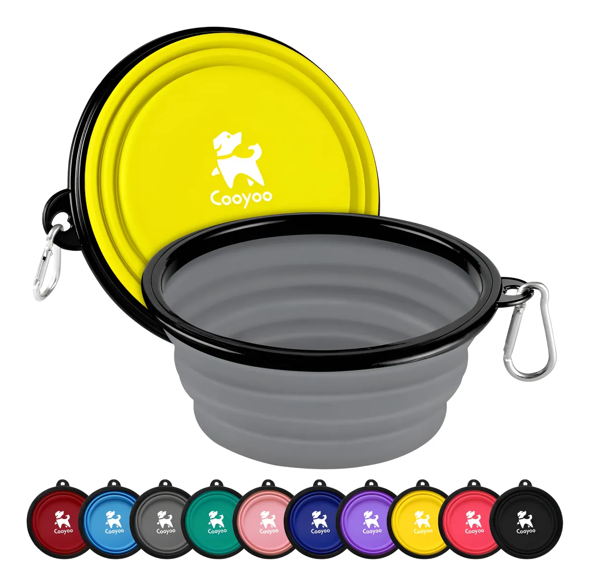 2x Cuencos Plegables Portátiles para Perros y Gatos - Comida y Agua - Amarillo y Gris 12oz - Ideales para Viajes y Exteriores