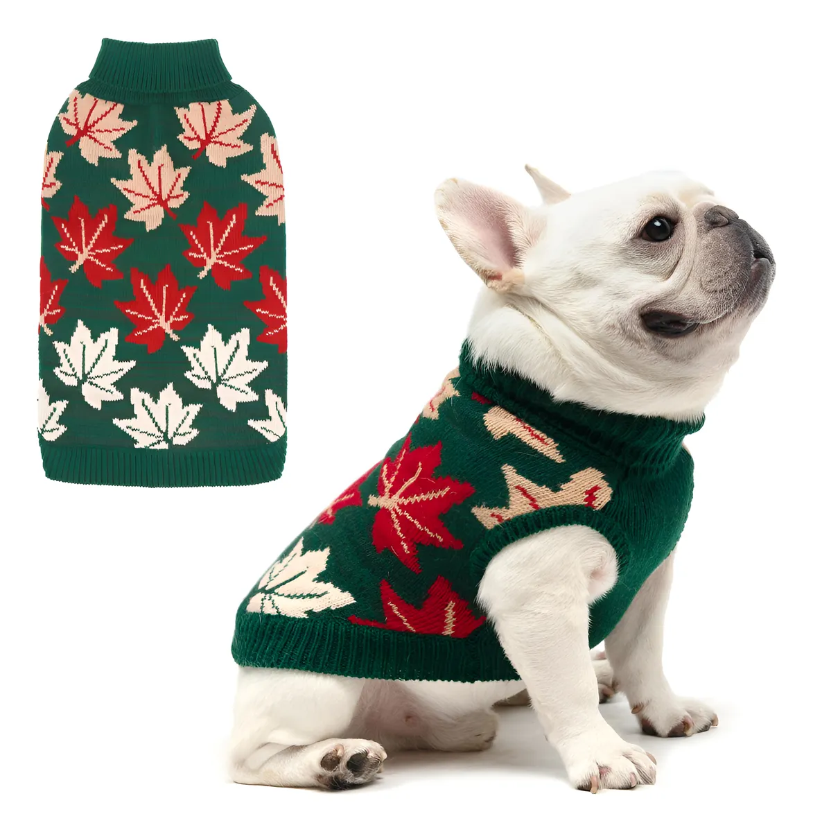 Suéter Grande para Perro de Punto con Cuello Alto - Abrigo Otoñal Cálido con Diseño de Hoja de Arce Verde - Ropa de Invierno para Mascotas