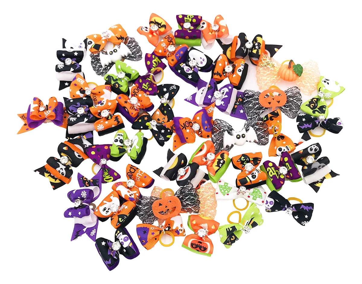 50 Lazos para el Pelo de Perros Pequeños - Diseño Calabaza y M - Accesorios para Mascotas con Estilo Otoñal - Variedad de Colores para tu Peludo