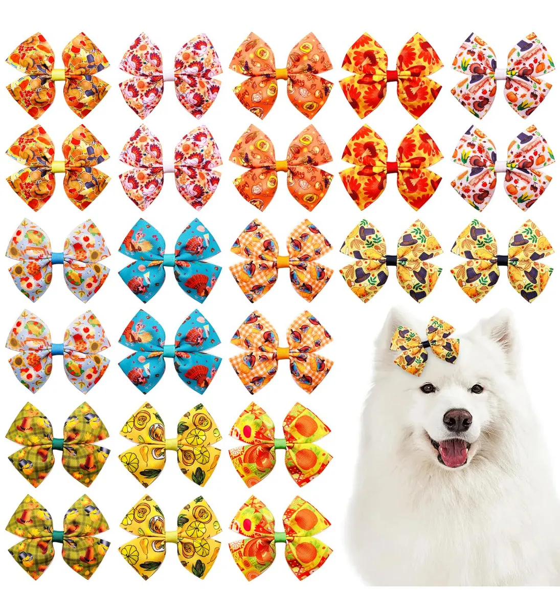 24 Lazos Multicolor para Pelo de Perro Grande - Accesorios de Adorno Temáticos Acción de Gracias - Estilo Festivo y Variedad de Diseños para Mascotas