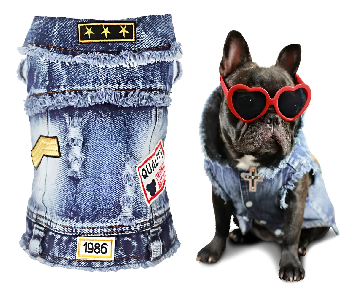 Abrigo de Jean para Perros Pequeños y Medianos Azul - Estilo "Blue Star" para Mascotas - Resistente y con Diseño Moderno - Ideal para Climas Frescos
