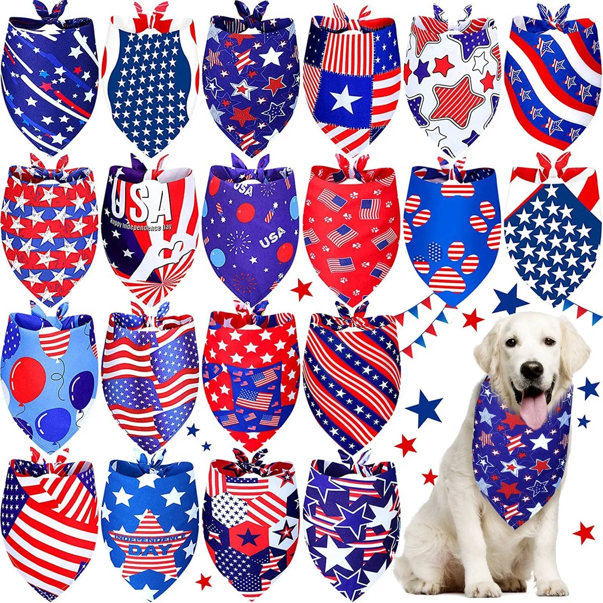 Bandanas para Perros 4 de Julio - Pañuelos Desmontables y Lavables para Mascotas - Pack 20 Unidades - Ideal Fiestas Patrias y Celebraciones