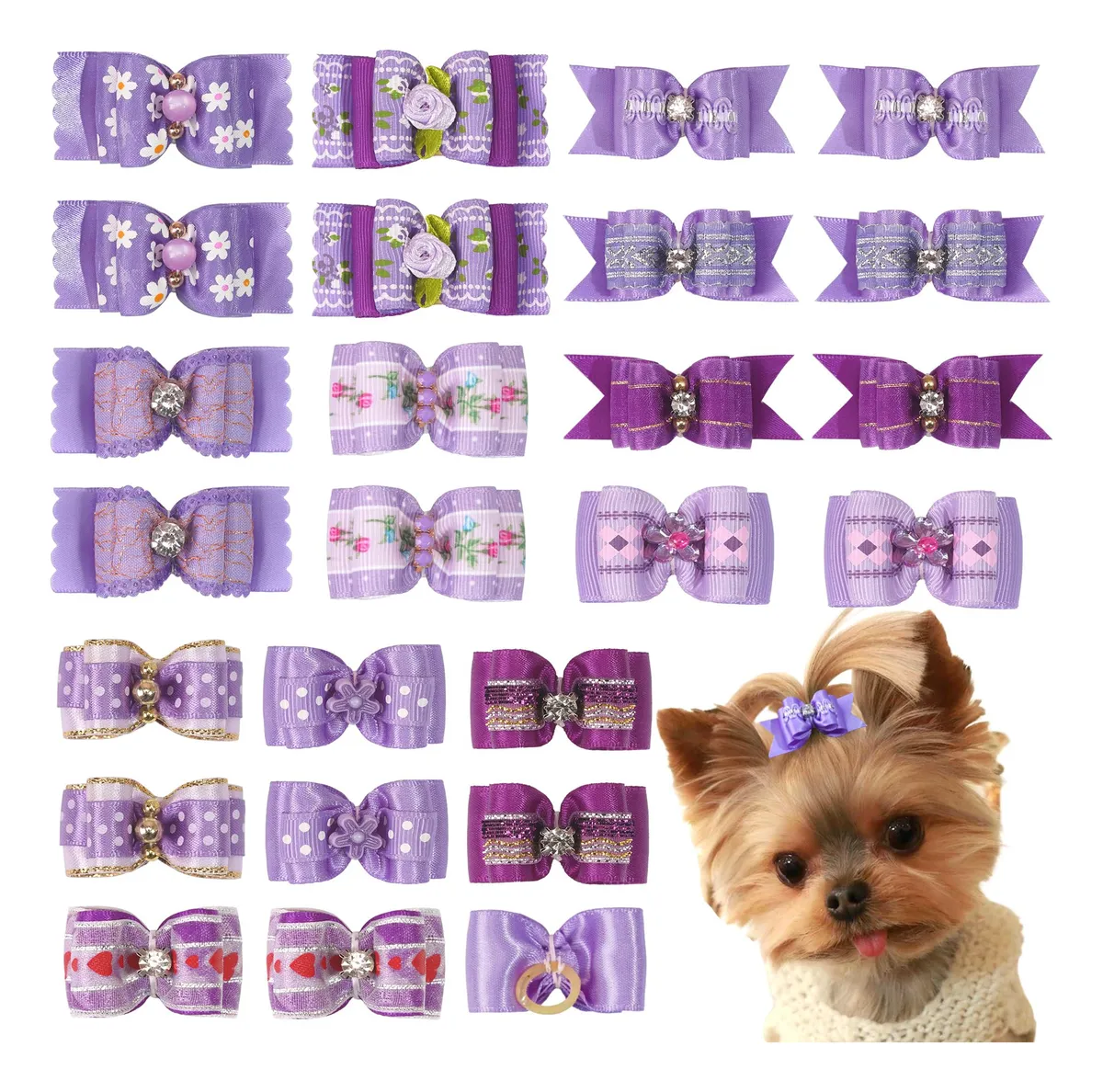 24 Lazos Morados para Pelo de Perro - Accesorios para Mascotas Púrpura Diseño Exclusivo - Adornos y Complementos para Caninos
