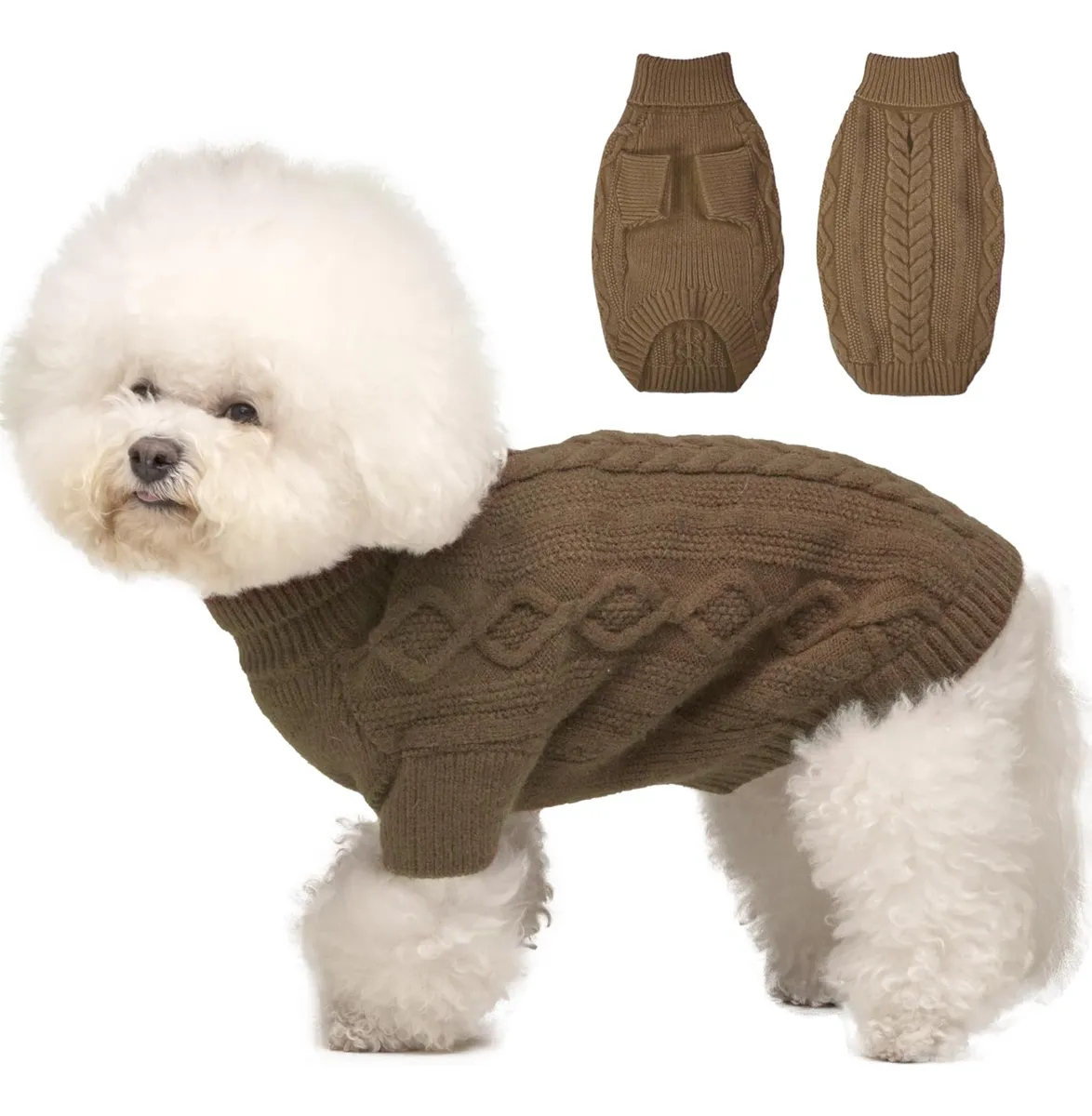 Suéter de Punto Trenzado Cuello Alto Café para Perros Pequeños y Gatos - Ropa de Invierno para Mascotas Cálida y Cómoda