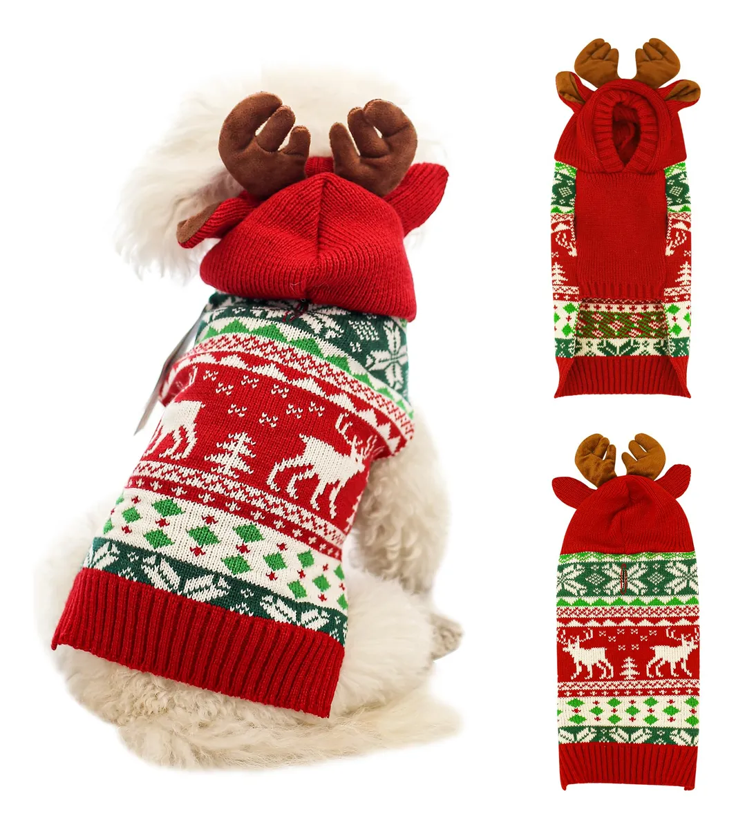 Suéter con Capucha para Perros Pequeños Diseño Jacquard con Cuernos | Ropa Cálida y Elegante para Mascotas | Disponible en Varios Colores