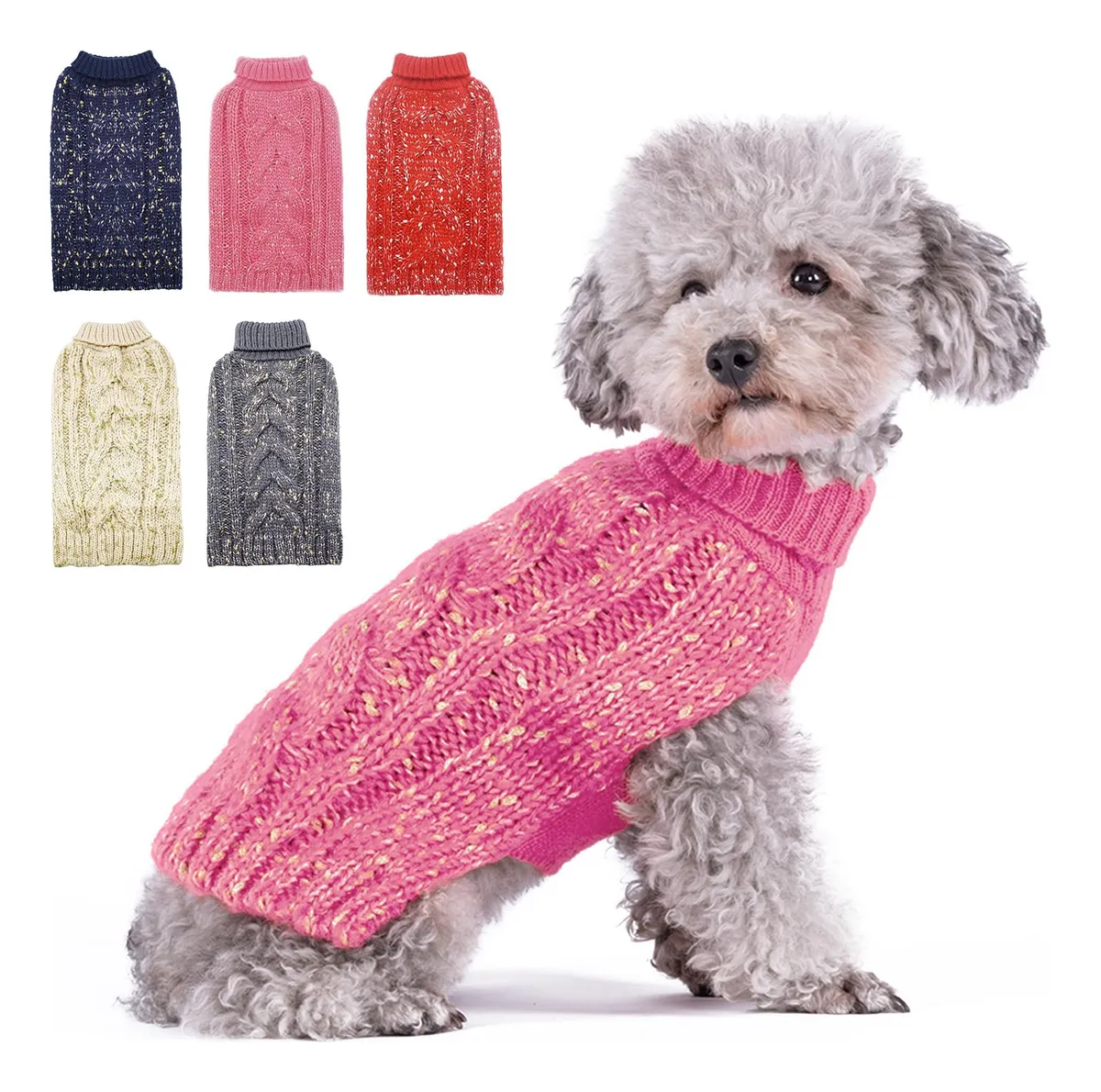 Suéter Cálido para Perros con Cuello Alto y Hilo Dorado - Ropa para Mascotas Suave y Elegante en Rosa para Otoño e Invierno