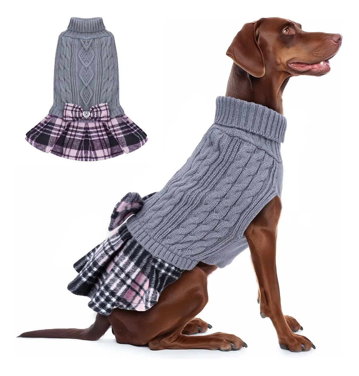 Vestido Suéter Perro Cuadros Gris con Pajarita Elegante | Ropa Invierno Mascotas Cálida y Confortable | Diseño 2# Gris | Ideal para Paseos y Hogar