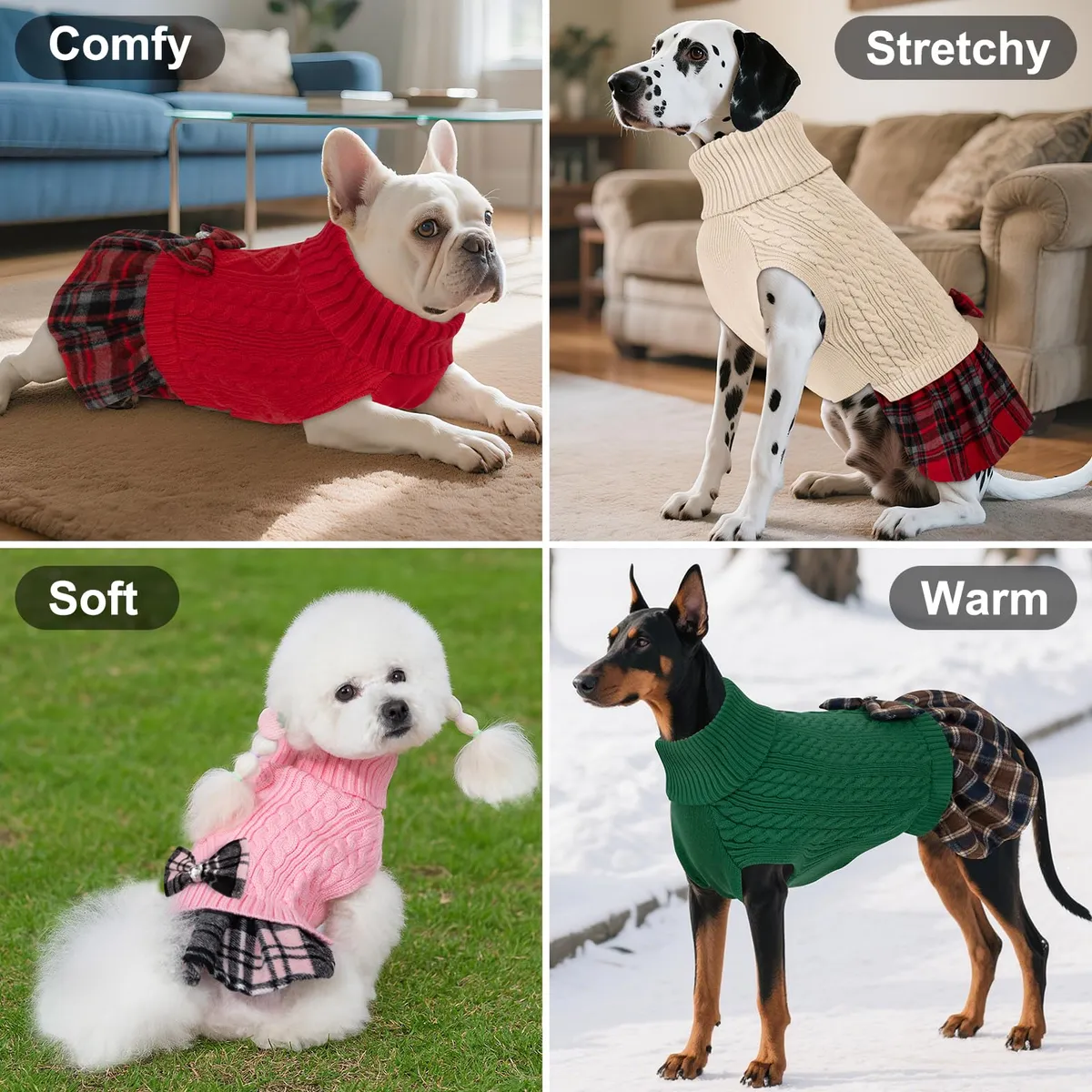 Vestido Suéter Perro Cuadros Gris con Pajarita Elegante | Ropa Invierno Mascotas Cálida y Confortable | Diseño 2# Gris | Ideal para Paseos y Hogar - Imagen 3