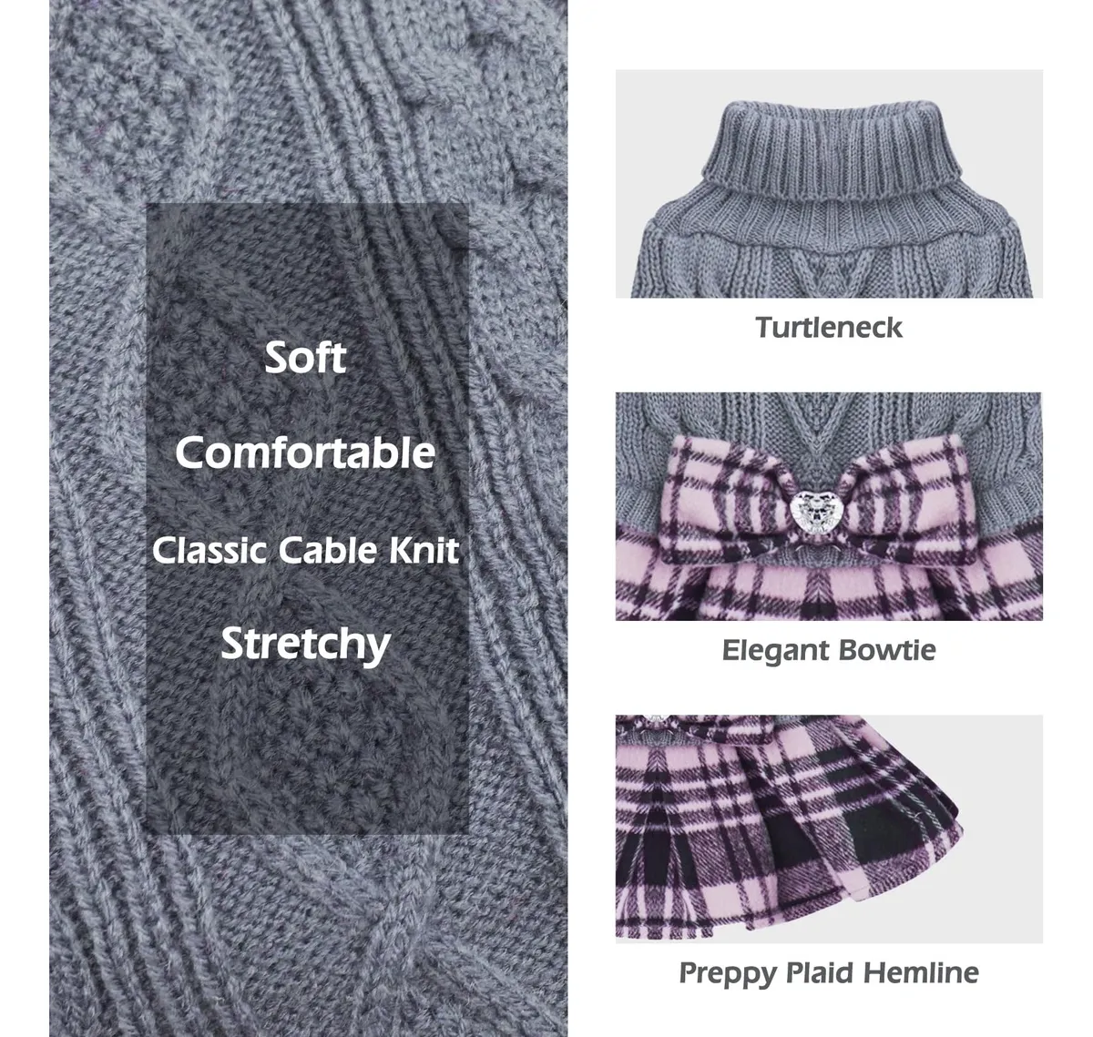 Vestido Suéter Perro Cuadros Gris con Pajarita Elegante | Ropa Invierno Mascotas Cálida y Confortable | Diseño 2# Gris | Ideal para Paseos y Hogar - Imagen 4
